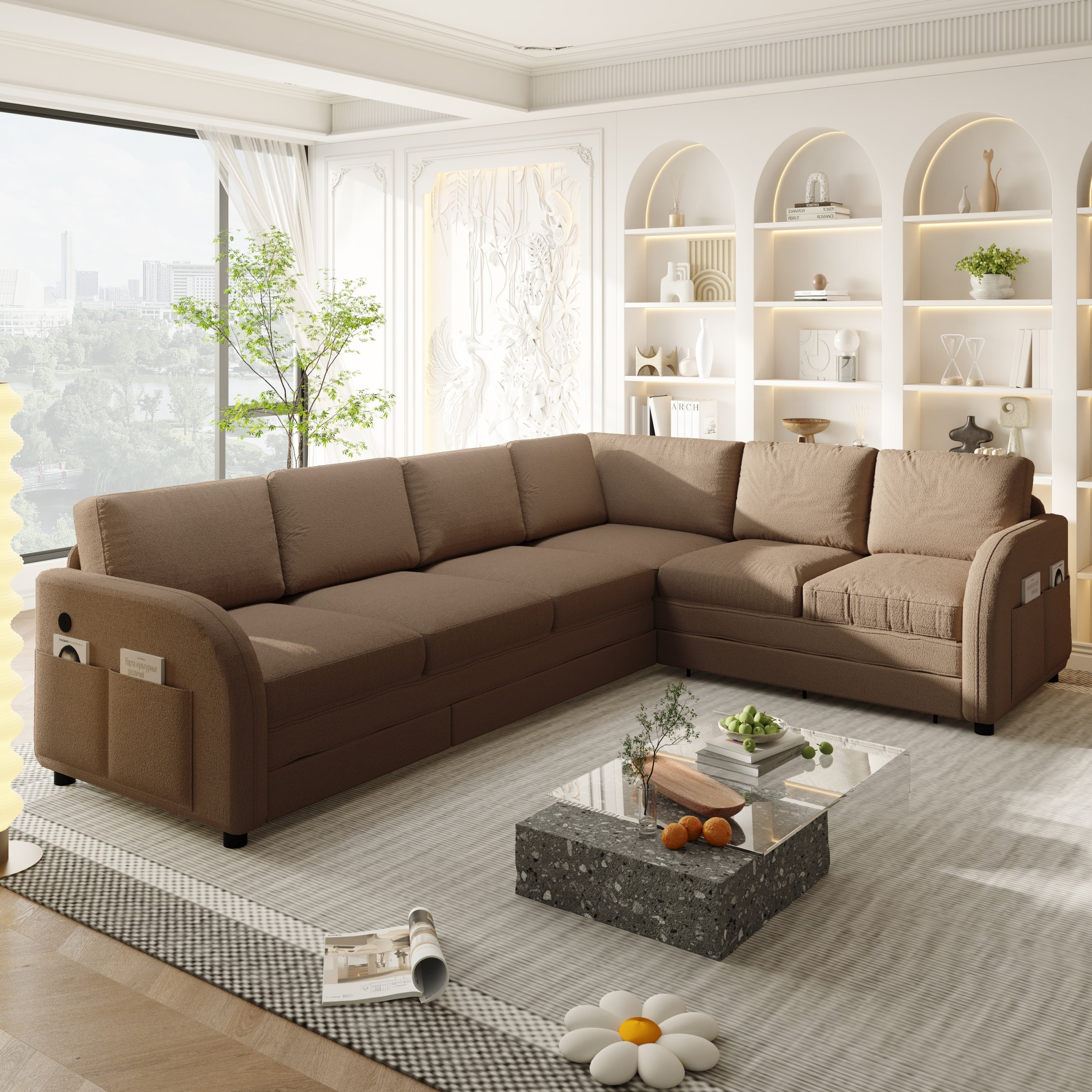 115.2' L-Shaped Sofa Couch with Pull-Out Bed,Oversize Convertible Sleeper Sofa with side Pocket & USB Port,Teddy Upholstered Sectional Couches with Convert Left/Right Facing, Light Grey