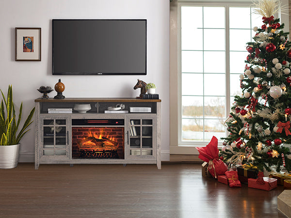TV stand electric fireplace with tempered glass and steel accents