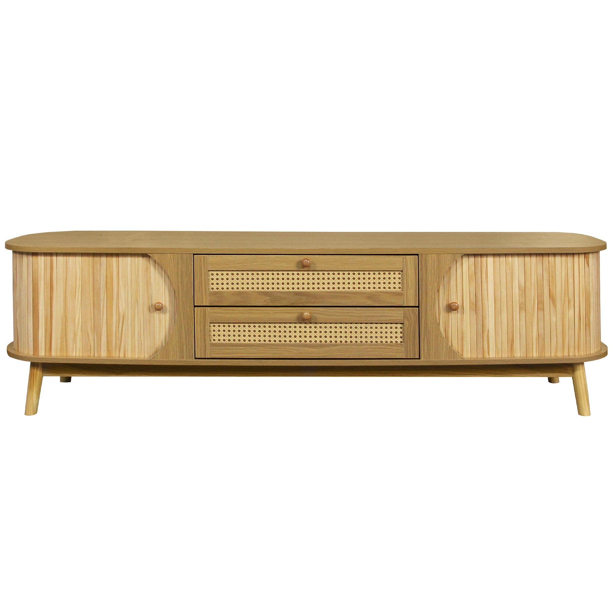 Natural wood entertainment console full view