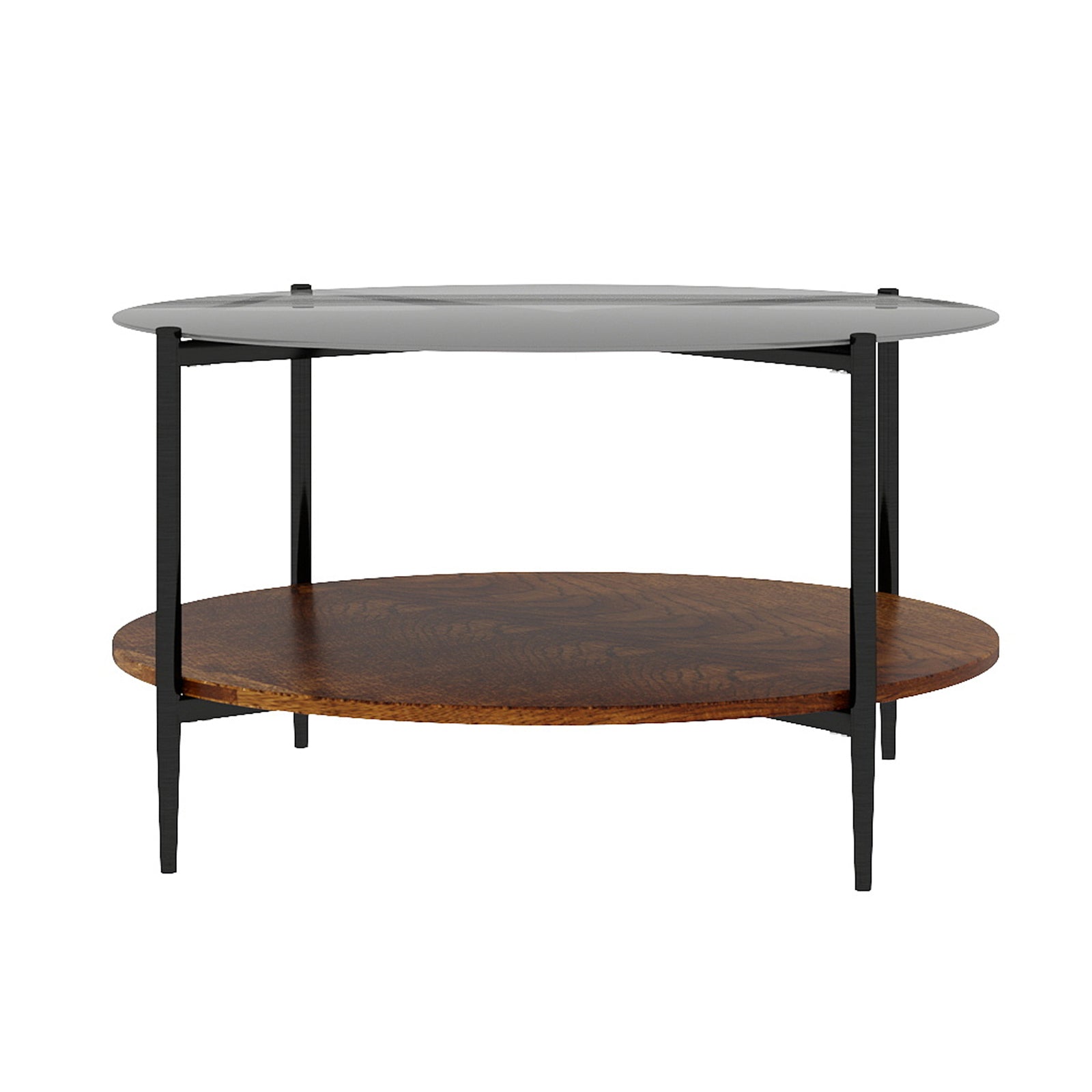 Two-tier round coffee table open storage shelf side profile