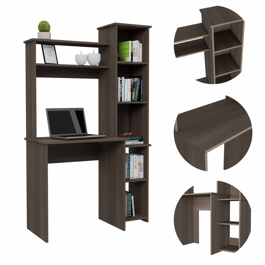 Smokey oak home office desk side profile with shelving