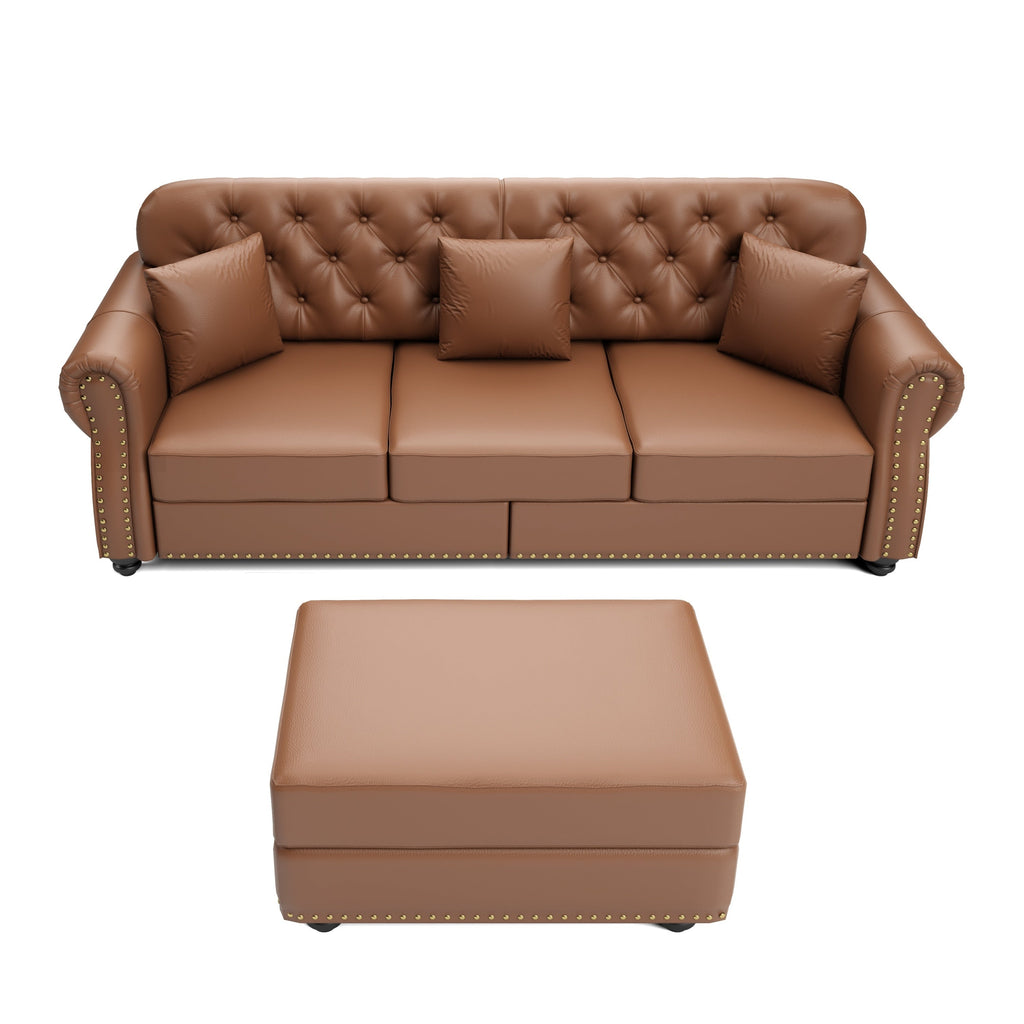82.6'Upholstered Faux Leather Sofa with Nailhead Trim and Rolled Armrests,Mid-Century Modern Chesterfield Sofa with Button Tufted,Includes 3 Pillows,Black