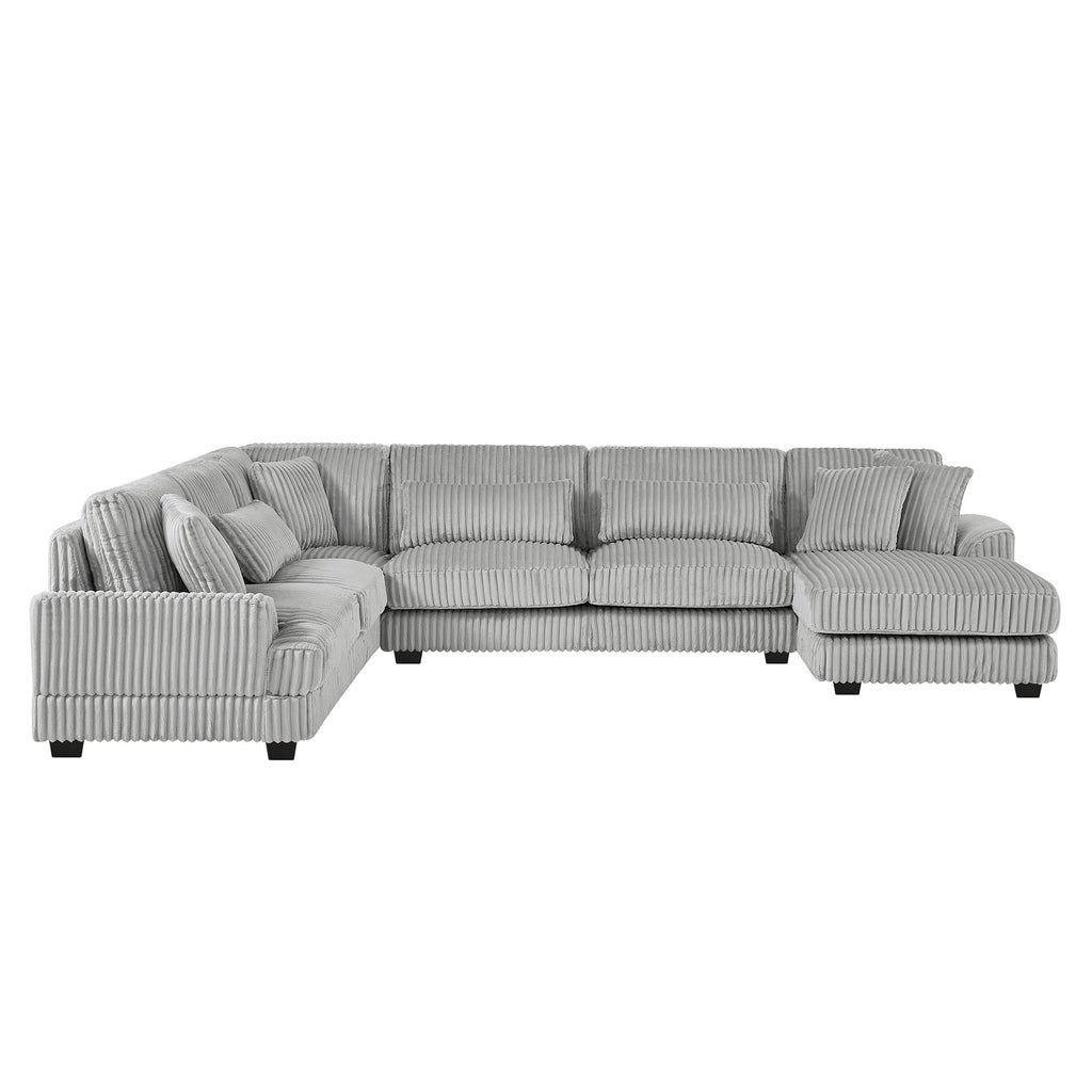 Modern Grey Corduroy U-shaped Sectional Sofa with Chaise Lounge, 129' Oversized Living Room Sofa with Thick Foam Cushions and Curved Armrests