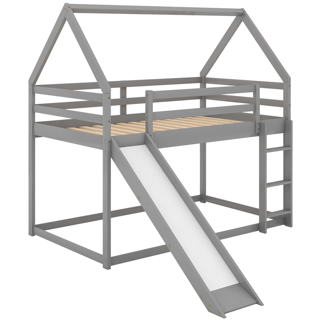House-shaped twin bunk bed in gray with pitched roof — angle view