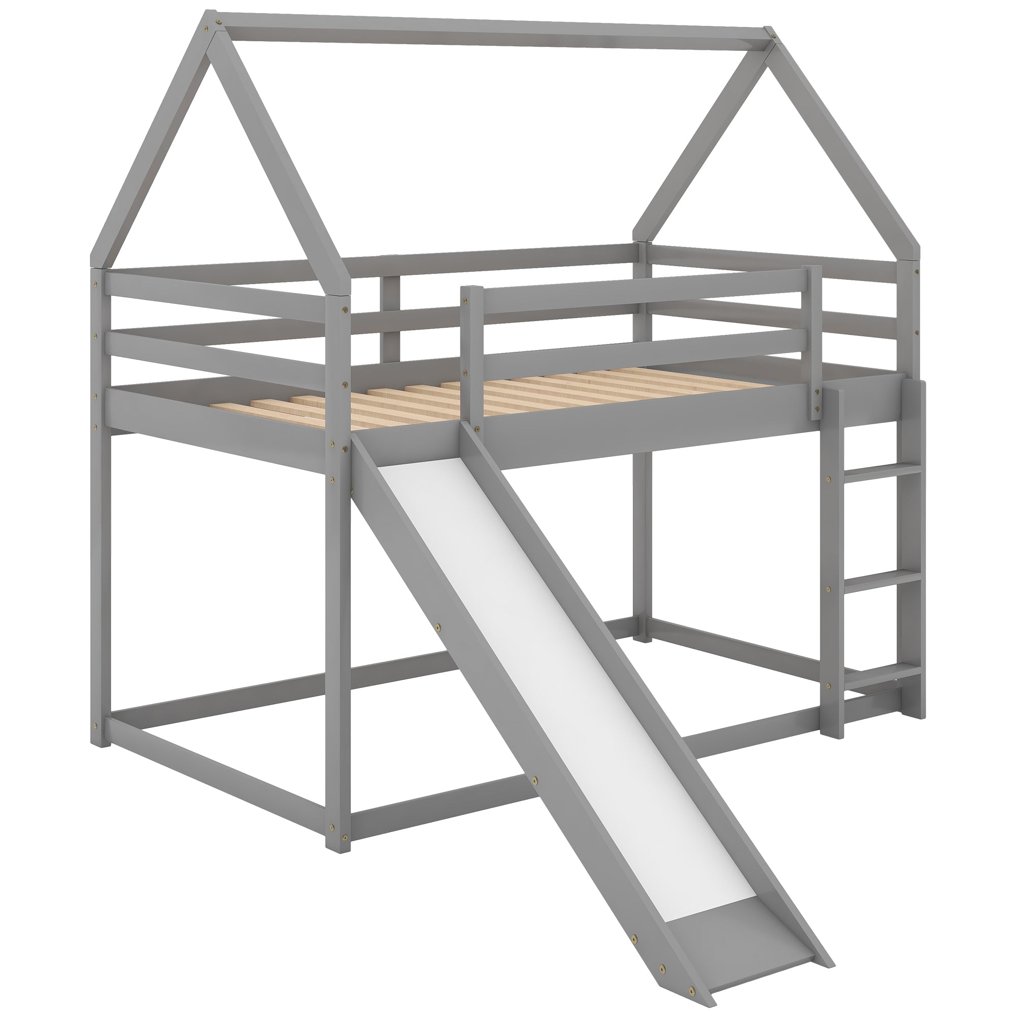 House-shaped twin bunk bed in gray with pitched roof — angle view