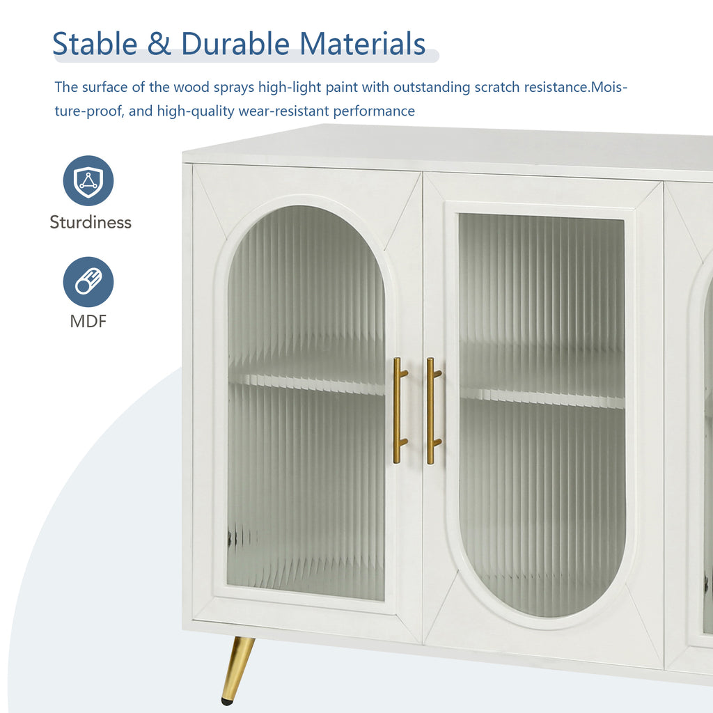 White TV stand storage side cabinet interior shelving detail