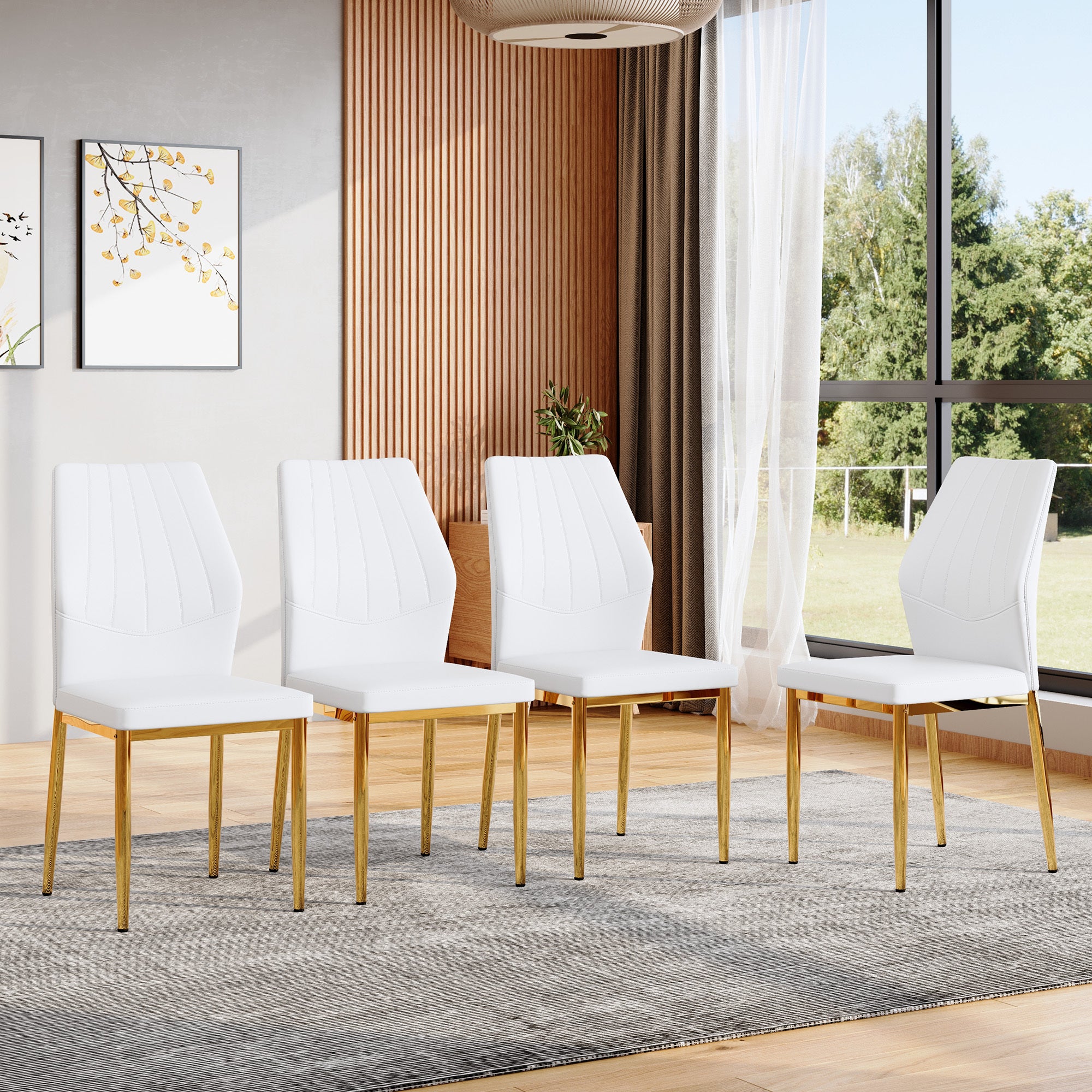 Set of 4 Gold - and - White Dining Chairs, 37 inches High: Ergonomic PU Backrest, Combines Comfort and Style.Perfectly blends comfort and elegance, Injecting more comfort and style into dining time.