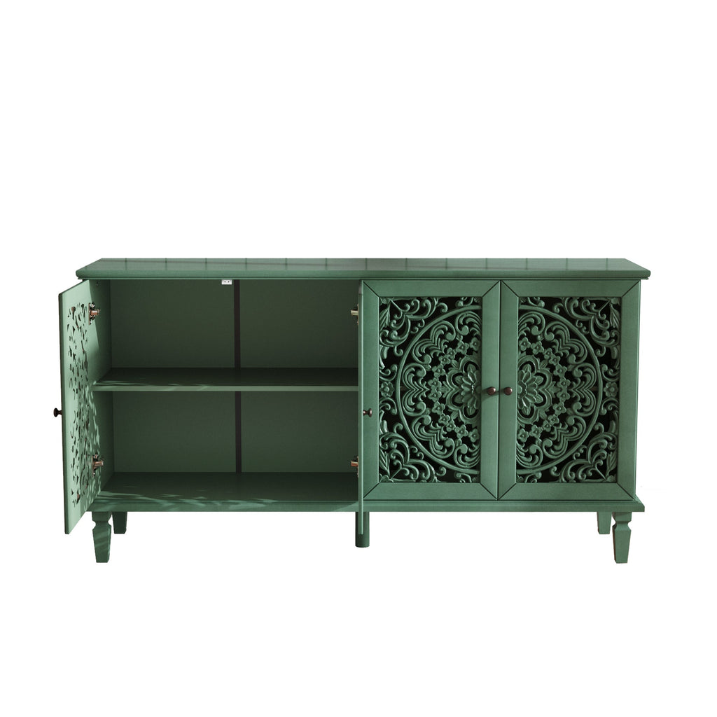 60' Antique Buffet Cabinet with Floral Carvings with Solid Wood Legs&Antique Brass Handles&Adjustable Shelves, TV Stand for 65''+ TV, Sideboard for Living Room,Dining Room (Antique Grey White)