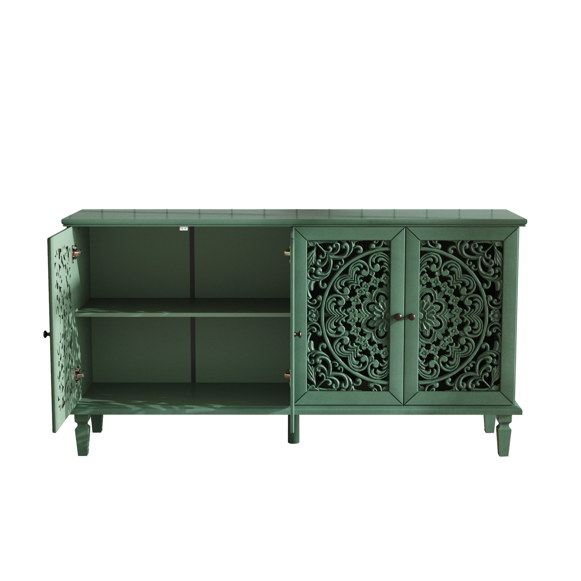 60' Antique Buffet Cabinet with Floral Carvings with Solid Wood Legs&Antique Brass Handles&Adjustable Shelves, TV Stand for 65''+ TV, Sideboard for Living Room,Dining Room (Antique Grey White)