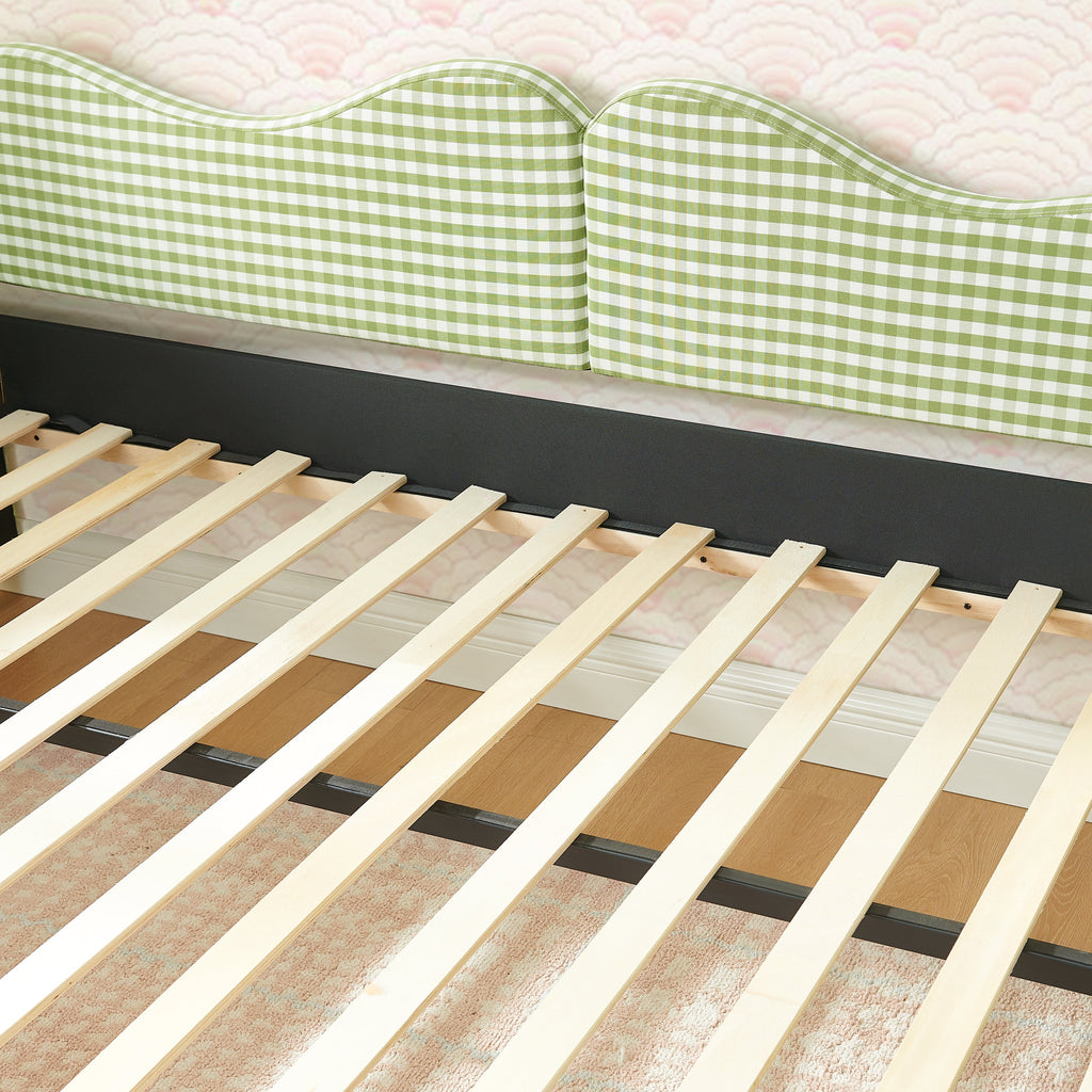Full‑Size Daybed,Gingham Upholstered Daybed Equipped with Pull-Out Trundle Bed Frame & Side Storage Pocket, Solid Wood Frame Multi-Functional Sofa Bed for Kids Room & Guest Bedroom-PINK