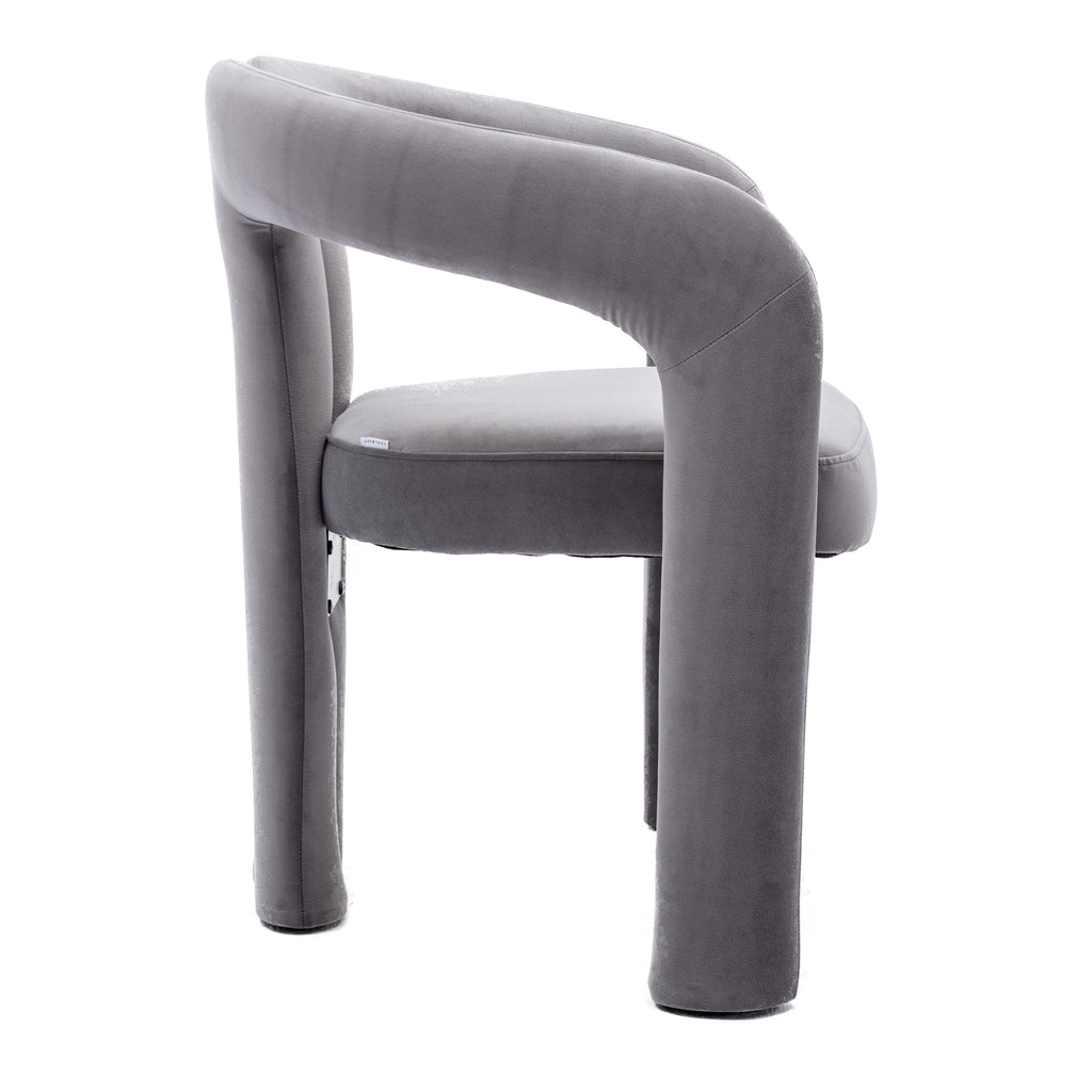 Gray velvet accent chair with curved back — top view