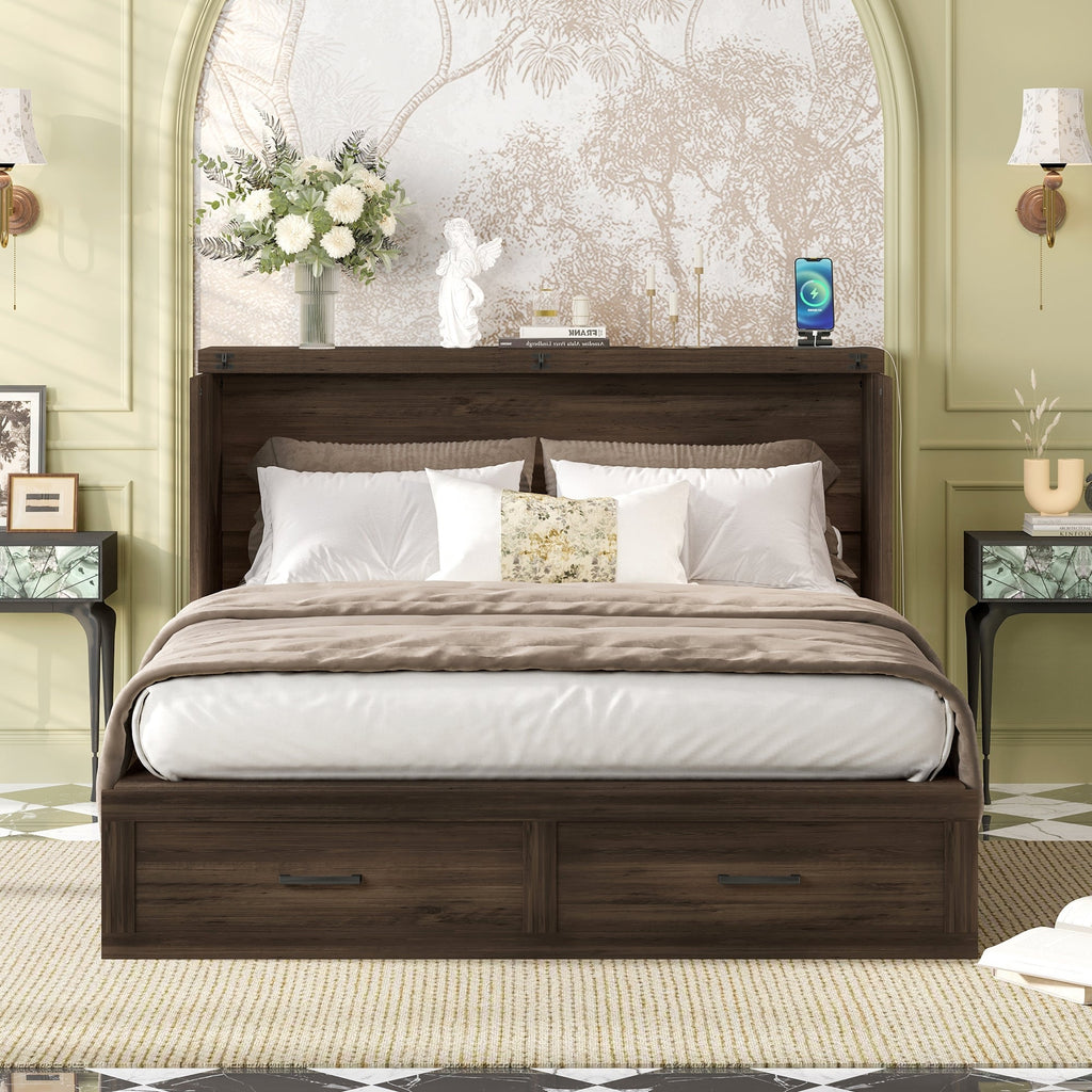 Queen Size Farmhouse Murphy Cabinet Bed with Charging Station, Foldable Platform Bed with Large Storage Drawer for Guest-Room, Small Bedroom, White(Old SKU: N733S237837W)