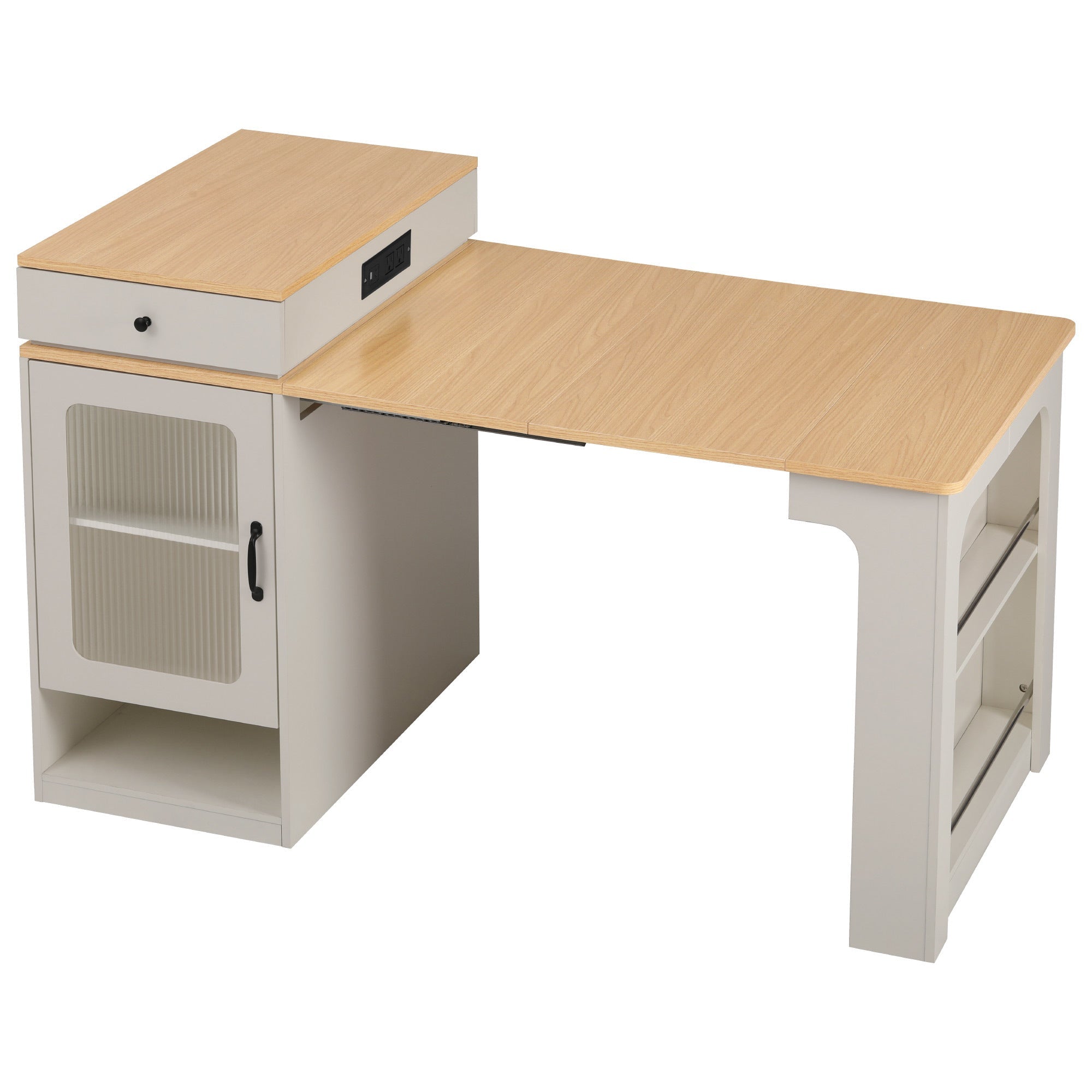 K&K 59.5' Kitchen Island with Extendable Dining Table, Kitchen Storage Table with Double-sided Storage, Kitchen Island with 2 Drawers, Power Outlet, Side Open Shelves, for Kitchen, Dining Room, Black