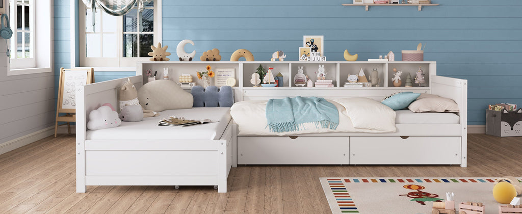 Twin Size Day Bed for 2, L- Shape Twin Size Bed Frame with Storage 3 Drawers, Wooden Corner Bed with Bookshelf, Corner Bed Frame For Bedroom, Living Room,Grey
