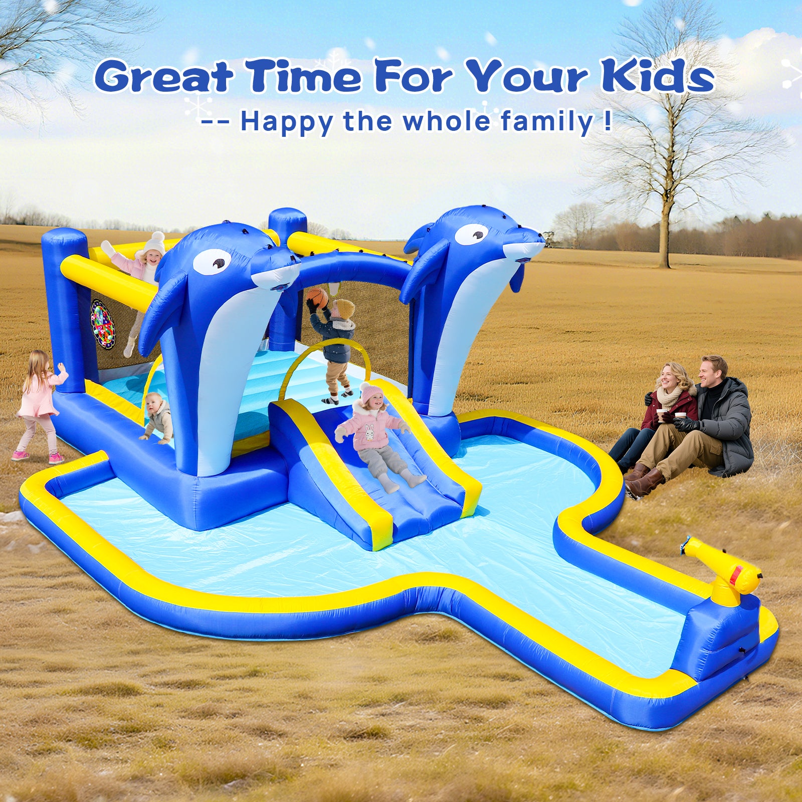 Kids inflatable water slide and trampoline play center angle view