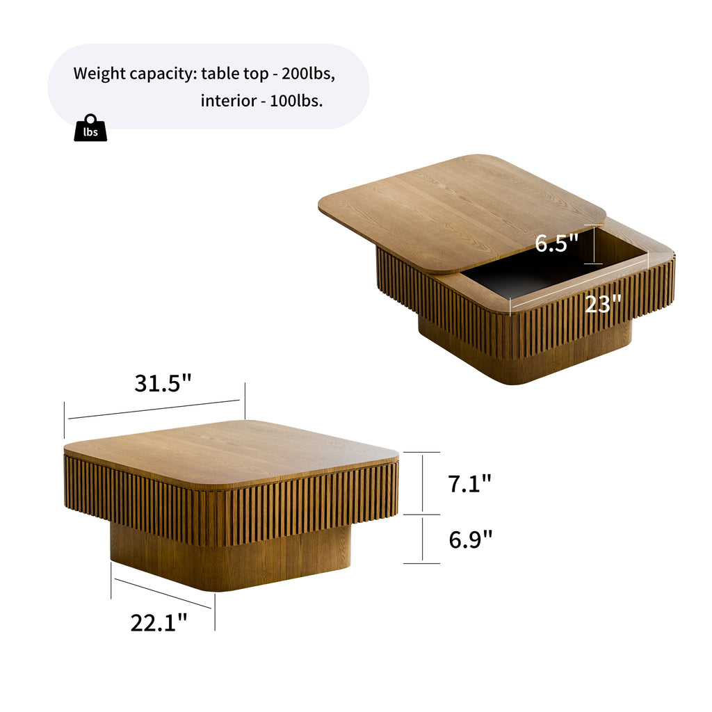 31.5'' Square Coffee Table with Storage Solid Wood Veneered Modern Coffee Table Accent Tea Table for Living Room, Bedroom, Apartment or Office, Natural Wood