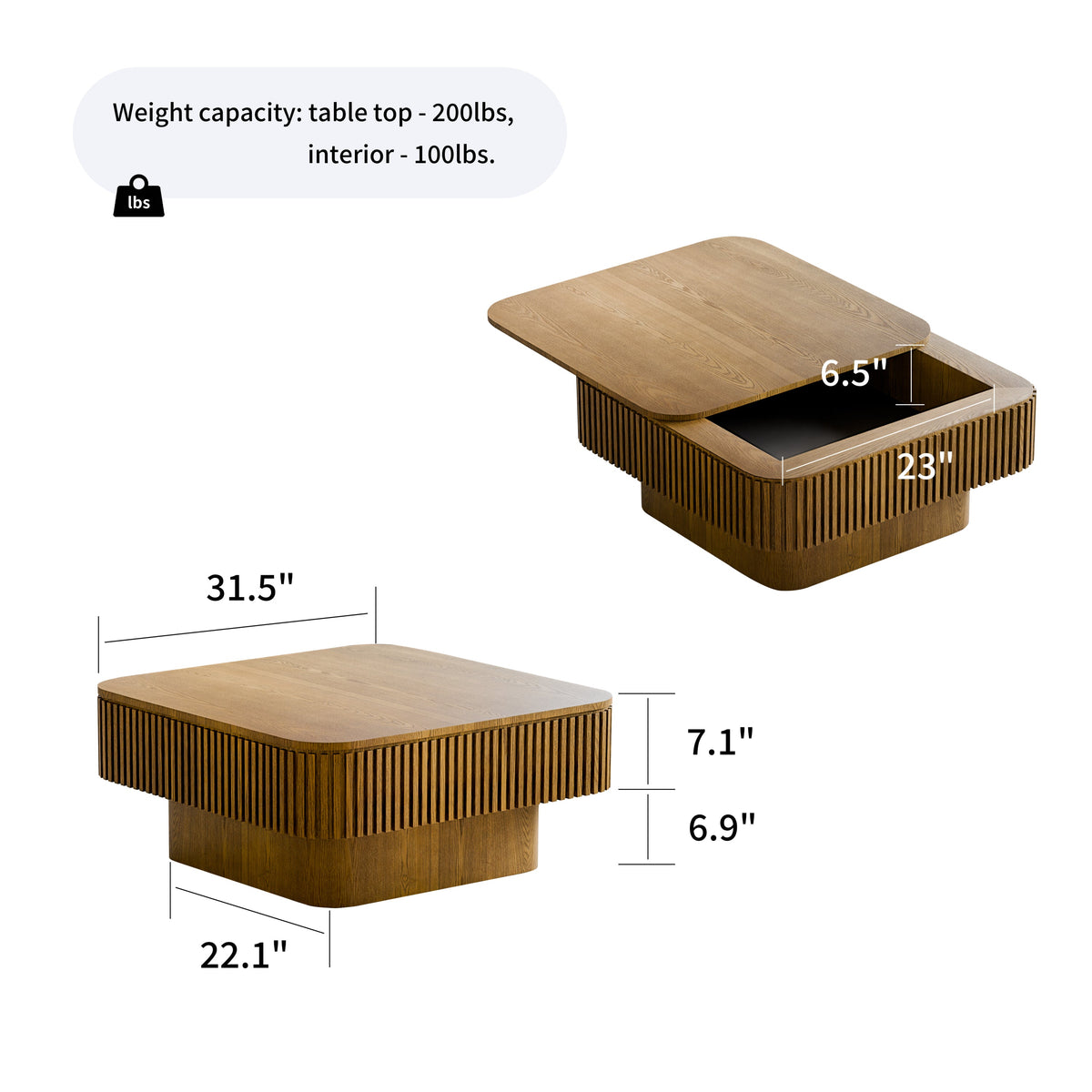 31.5'' Square Coffee Table with Storage Solid Wood Veneered Modern Coffee Table Accent Tea Table for Living Room, Bedroom, Apartment or Office, Natural Wood
