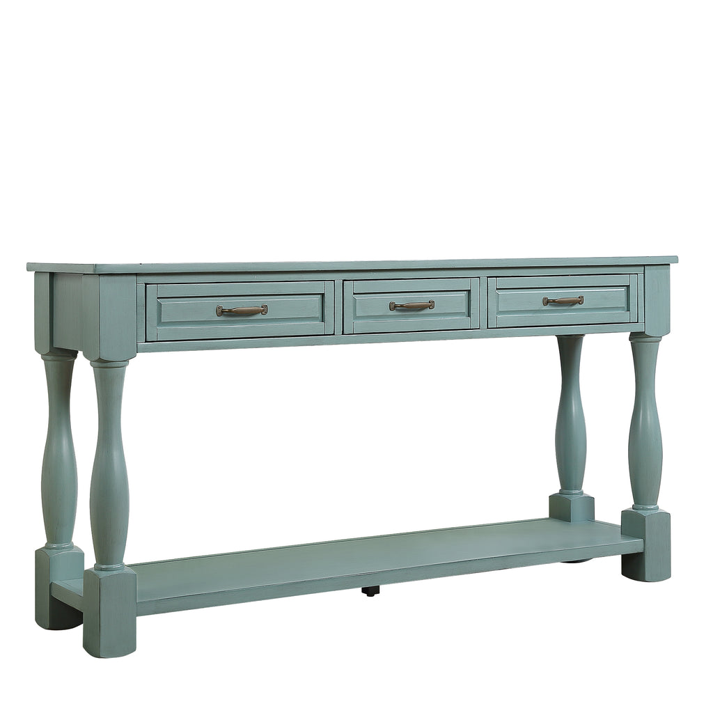 Long tabletop console table behind sofa