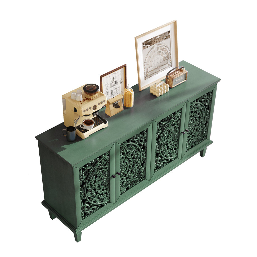60' Antique Buffet Cabinet with Floral Carvings with Solid Wood Legs&Antique Brass Handles&Adjustable Shelves, TV Stand for 65''+ TV, Sideboard for Living Room,Dining Room (Antique Grey White)