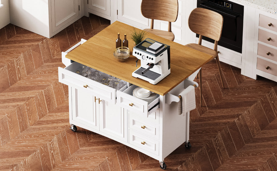 K&K 52'' Kitchen Island with Drop Leaf, Embossed Texture Kitchen Island on Wheels with Spice Rack, Towel Rack, 2 Doors and 5 Drawers, Kitchen Storage Cart with Adjustable Shelf for Kitchen, Blue Grey