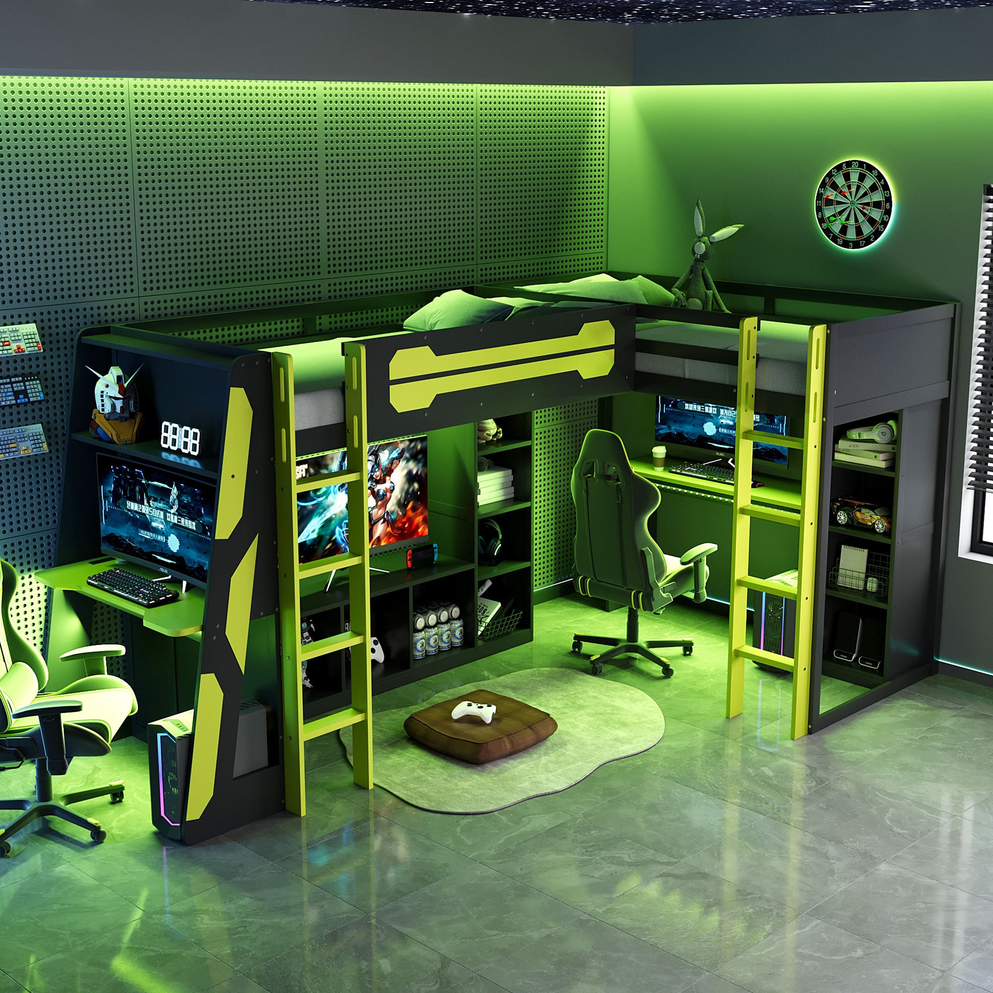Dual twin gaming loft bed with storage shelves and TV stand