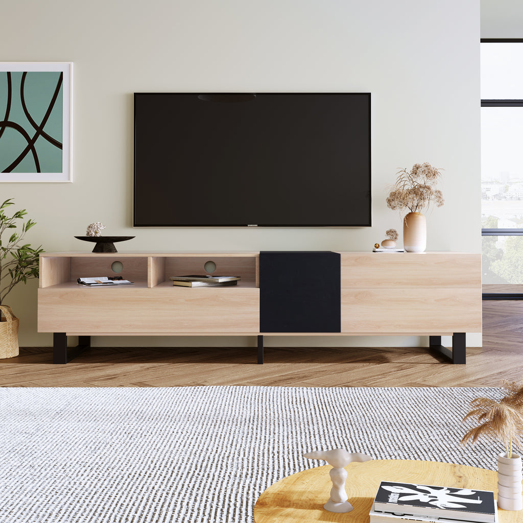 Drop-down door TV cabinet with open shelving detail