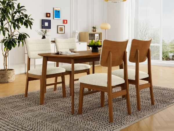 Farmhouse Dining Table Set for 4, Wood Kitchen Table & 4 Upholstered Chairs with Sturdy Rubber Wood Frame, Padded Seat, Curved Backrest, Space-Saving Dinette Set for Dining Room, Brown+Gray