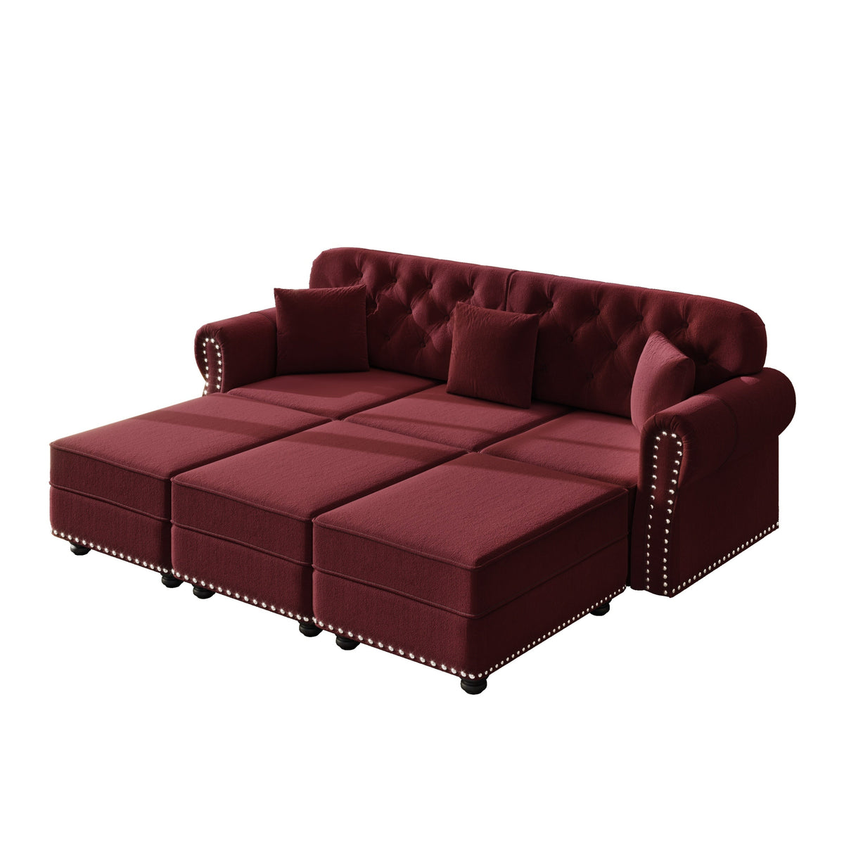 82.6'Upholstered Velvet Sofa with Nailhead Trim and Rolled Armrests,Mid-Century Modern Chesterfield Sofa with Button Tufted,Includes 3 Pillows,Burgundy