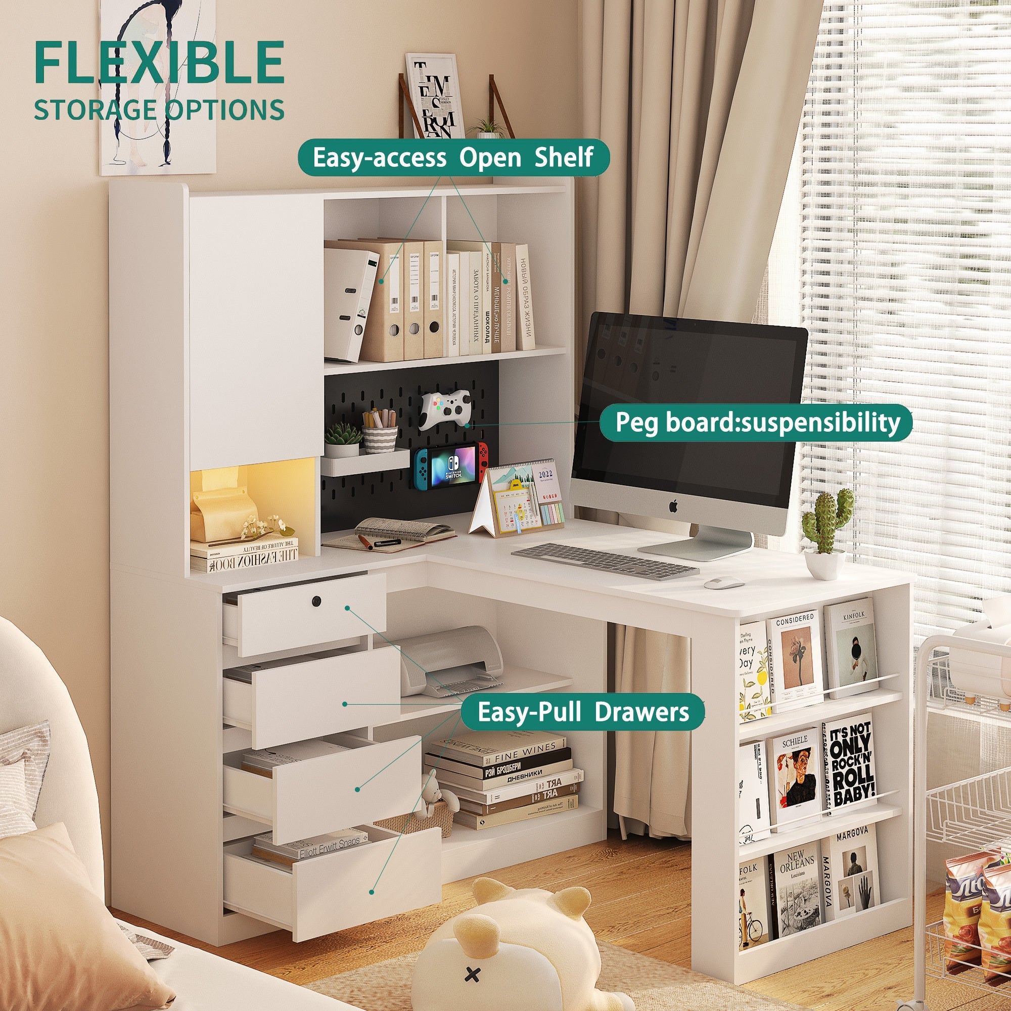 L-Shaped Desk with Bookshelf, Charging Station, Drawers & LED Light