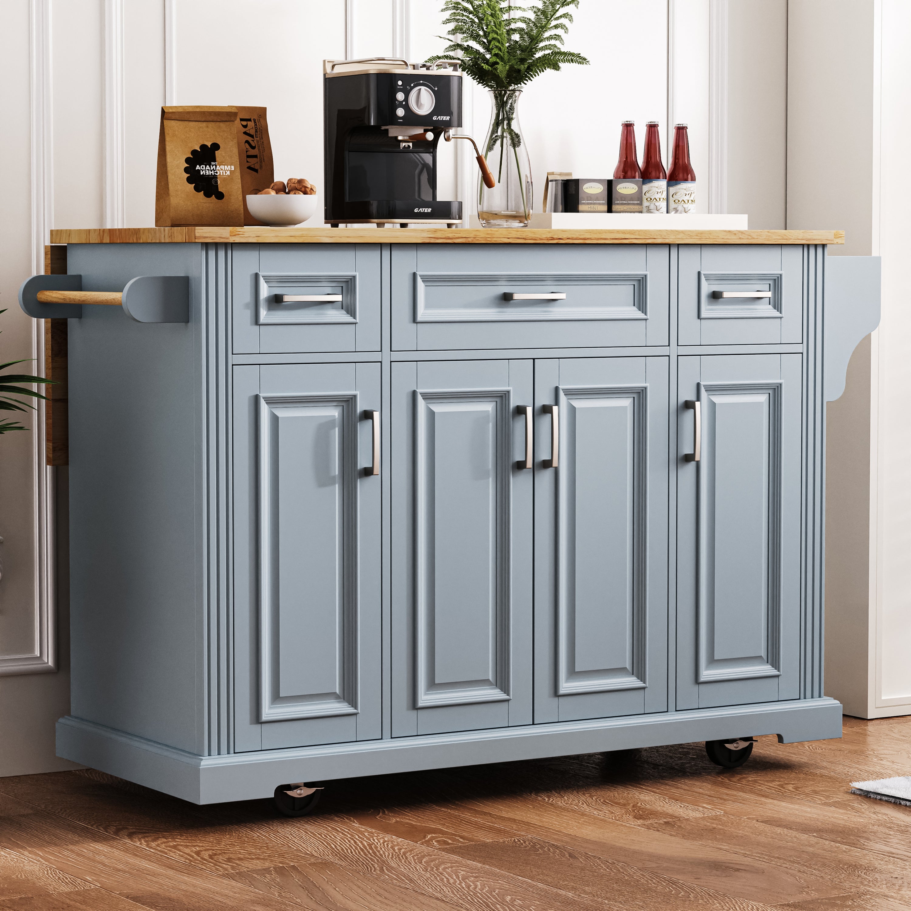 K&K 54inch Large Kitchen Island with Rubber Wood Drop Leaf, Embossed Texture Rolling Kitchen Cart on 4 Wheels with 4 Doors and 3 Drawers, Kitchen Island with Storage for Kitchen, Dining Room,Black