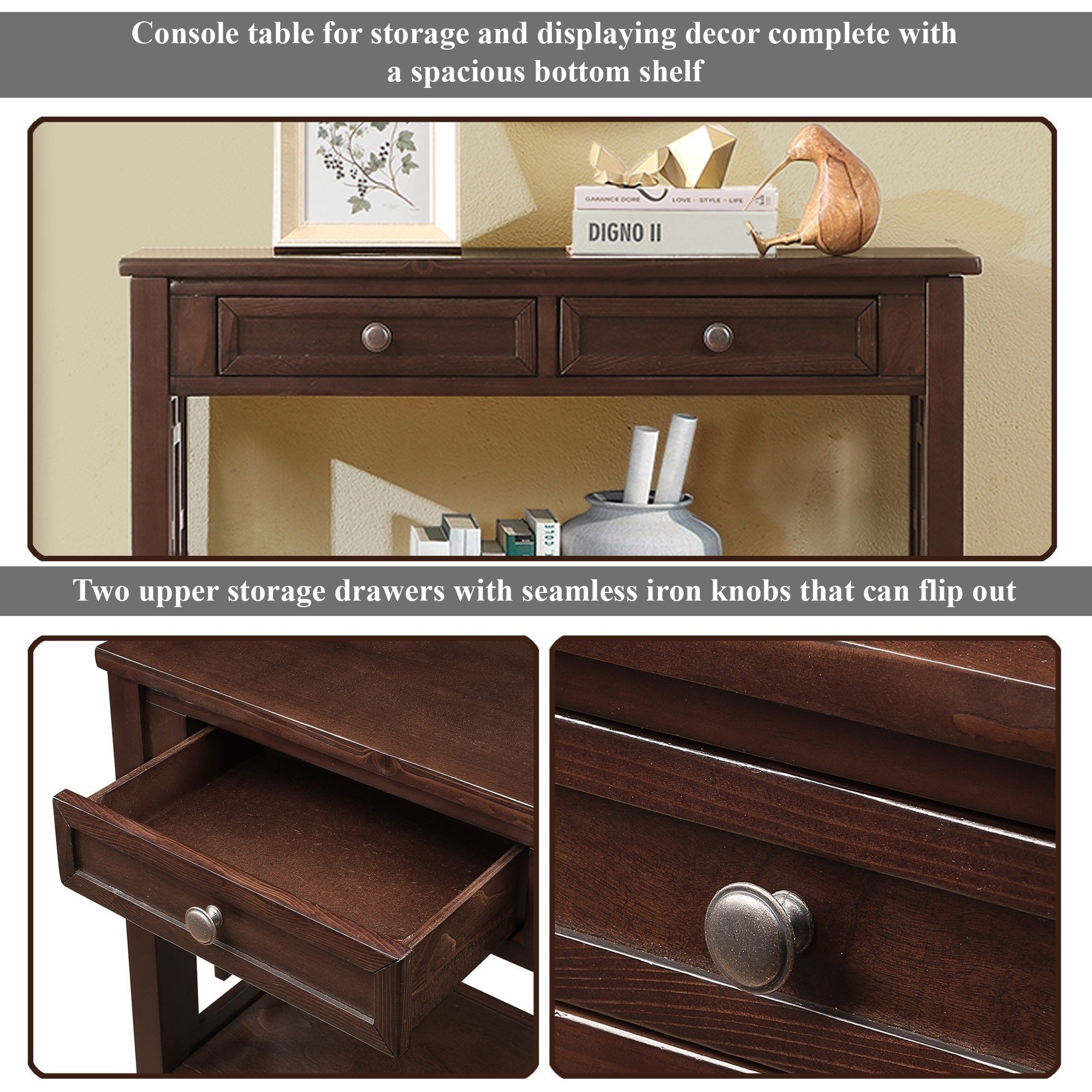 Farmhouse entryway console table open shelf full view