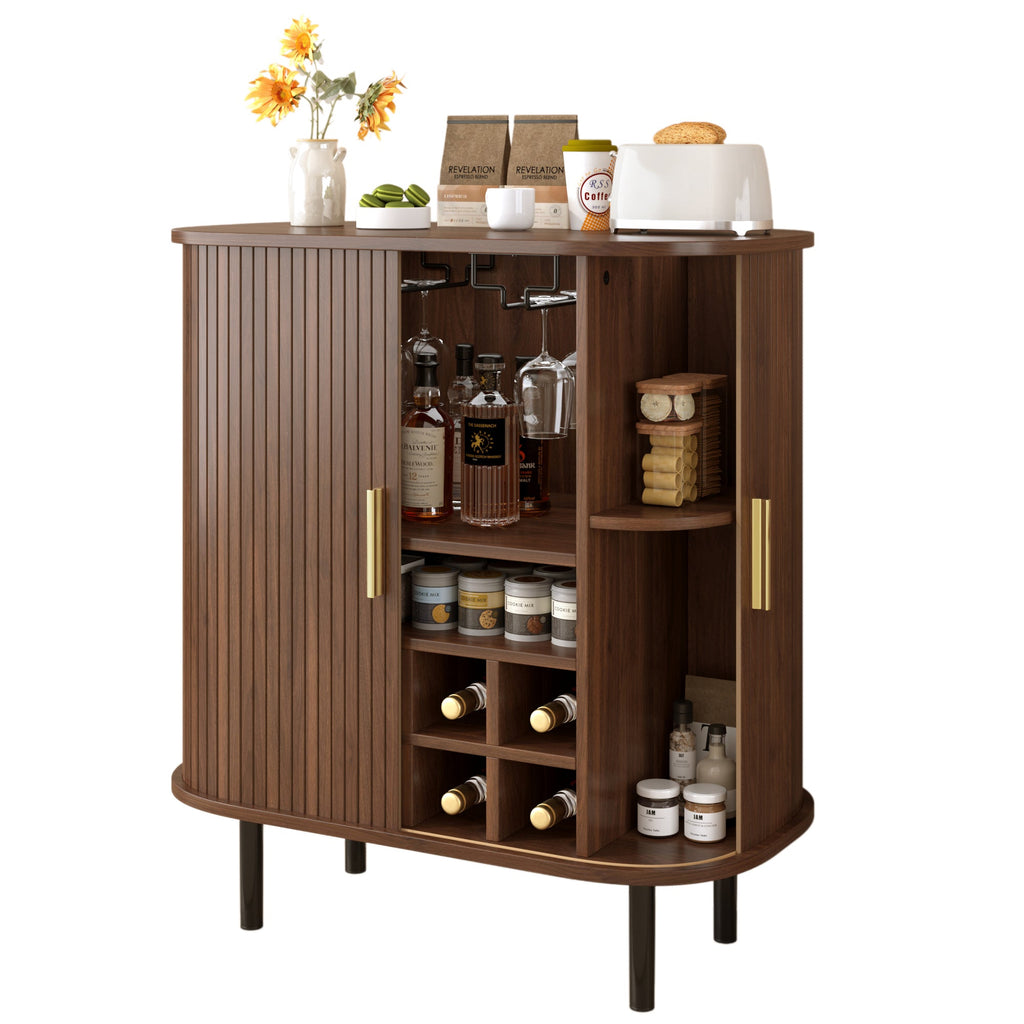28' Fluted Wine Bar Cabinet with 8-Grid Wine Rack, 5-Level Adjustable Shelves, 2 Glass Holders, Smoothly Sliding Tambour Doors, 4 Hidden Storage Space on the Side, Modern Liquor Coffee Station, Black