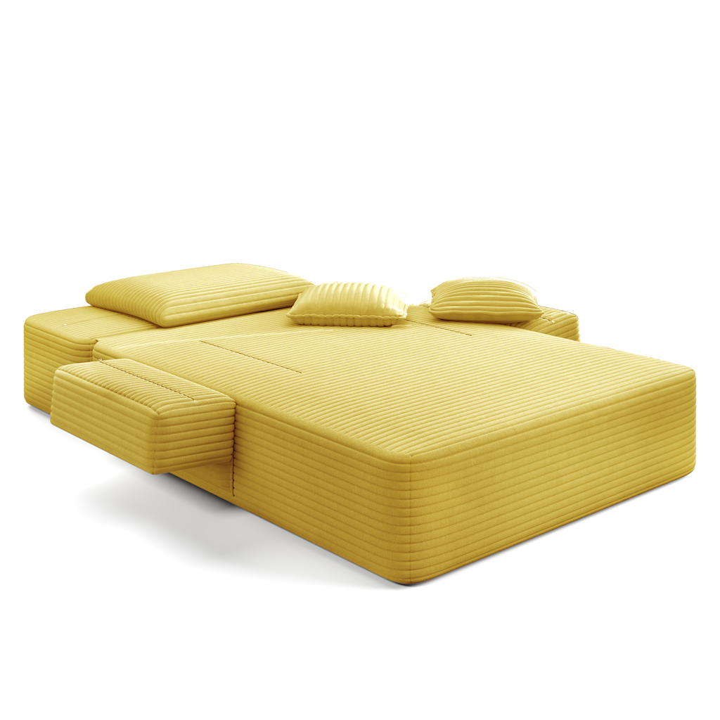 Oversized Plush Corduroy Chaise Lounge Sofa Bed,Convertible Sleeper Couch Bed w/ Storage Pockets,3 Soft Pillows,Multi-Functional Frameless Sofa Couch for Apartment,Home Theater,Guest Room,Beige&White