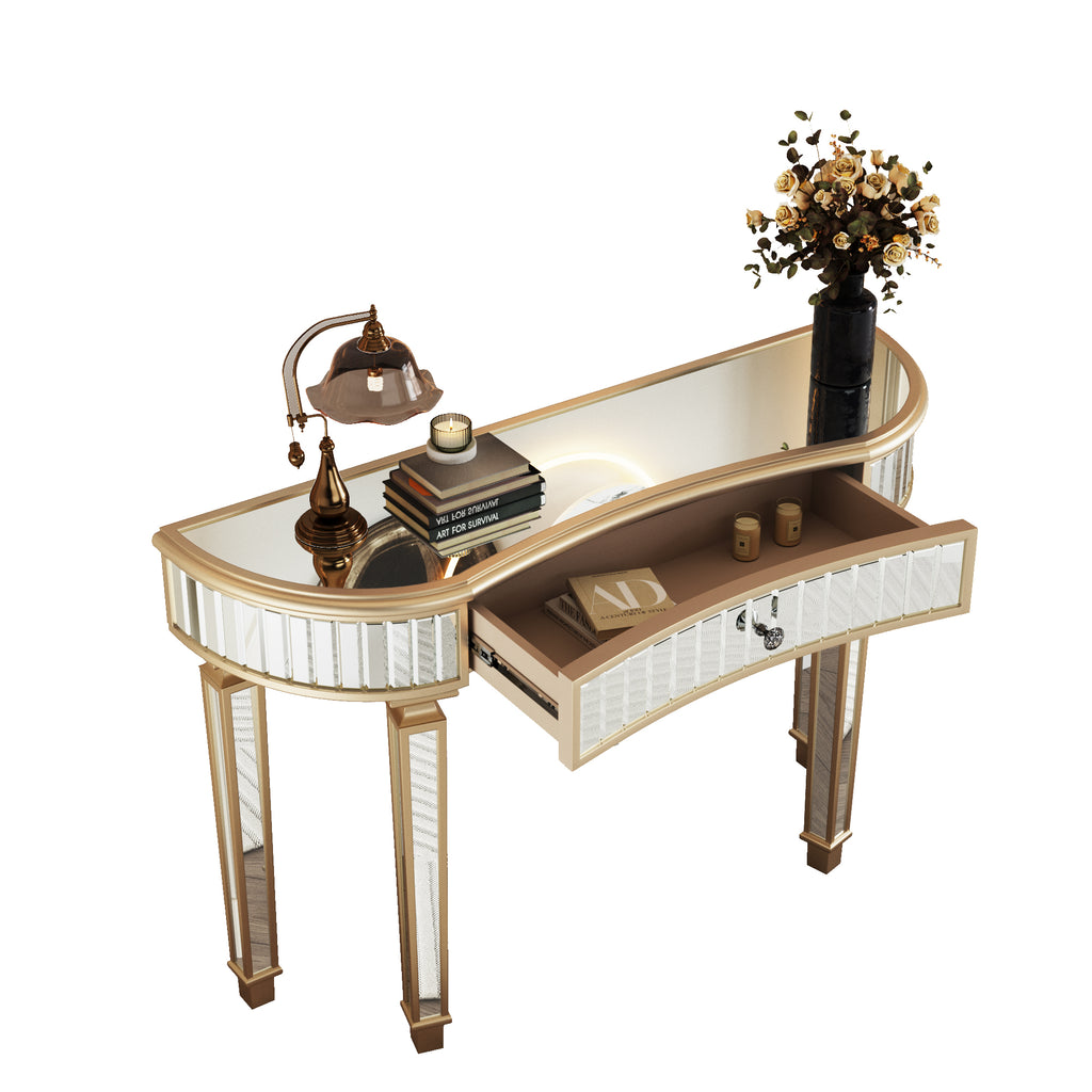 Gold silver glam console table dressing room setting