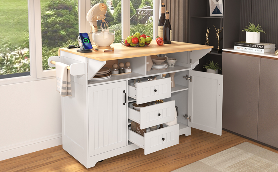 K&K 55.7'' Large Kitchen Island with 2 Drop Leaf,, Rolling Kitchen Cart on 5 Wheels with Power Outlet, Folding Storage Dining Table with Spice & Towel Rack , 3 Drawers, for Kitchen, Dining Room,Black