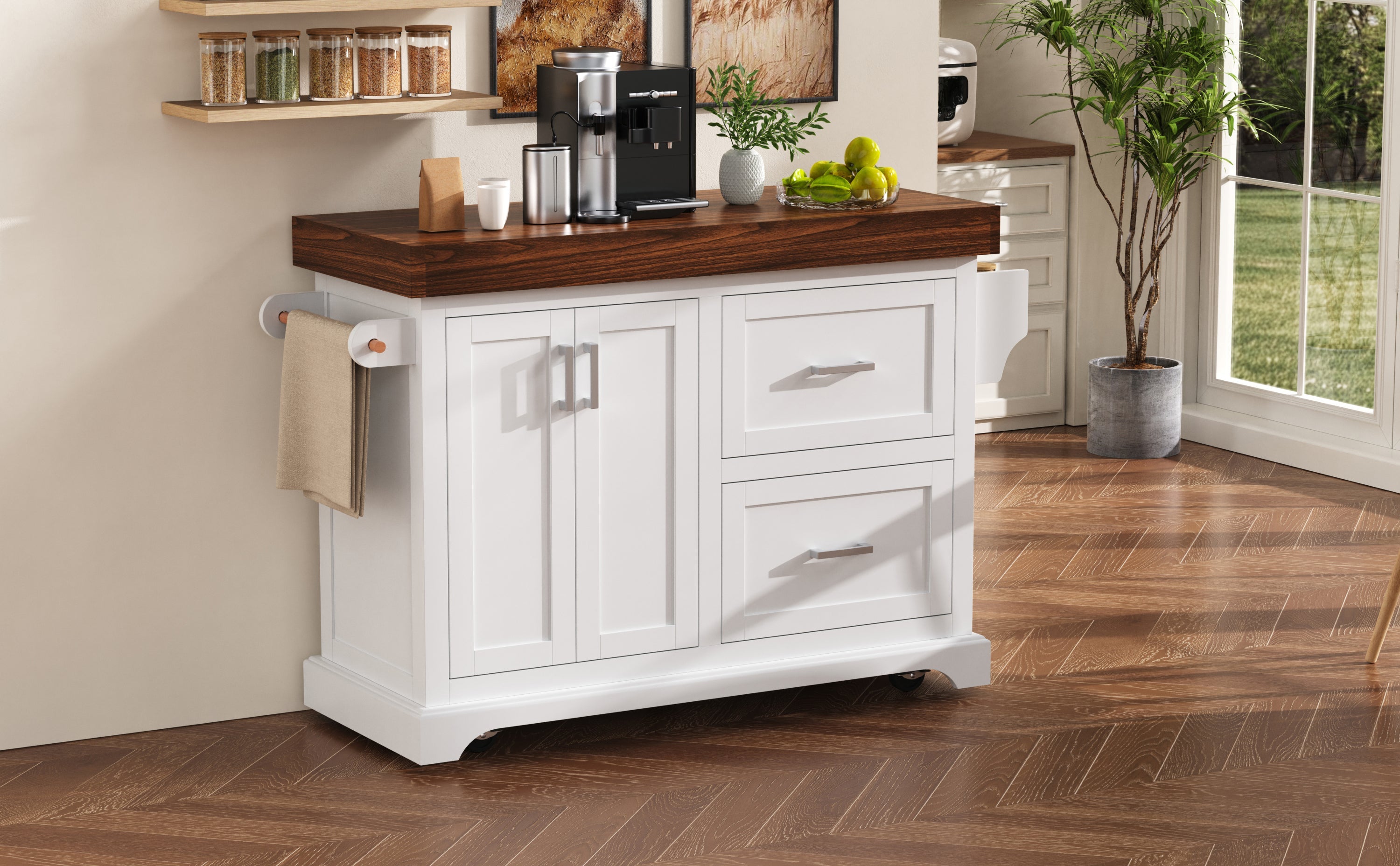 K&K 53' Large Kitchen Island with 3.5' Thick Desktop, Spice and Towel Racks, Rolling Kitchen Island with Storage on 5 Wheels, 2 Extra-large Drawers, for Home, Kitchen, Dining Room, Black