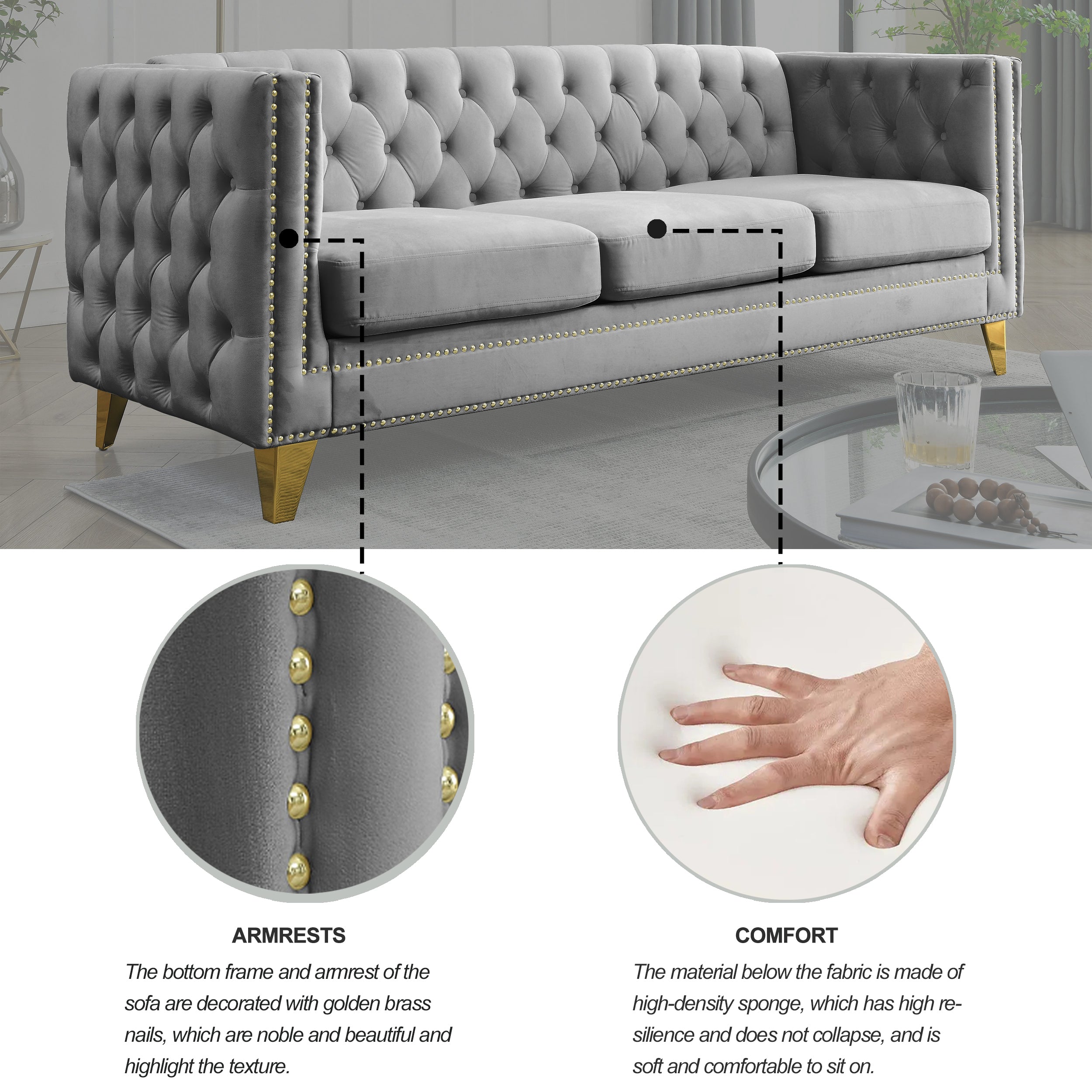 Grey velvet Chesterfield sofa lifestyle photo