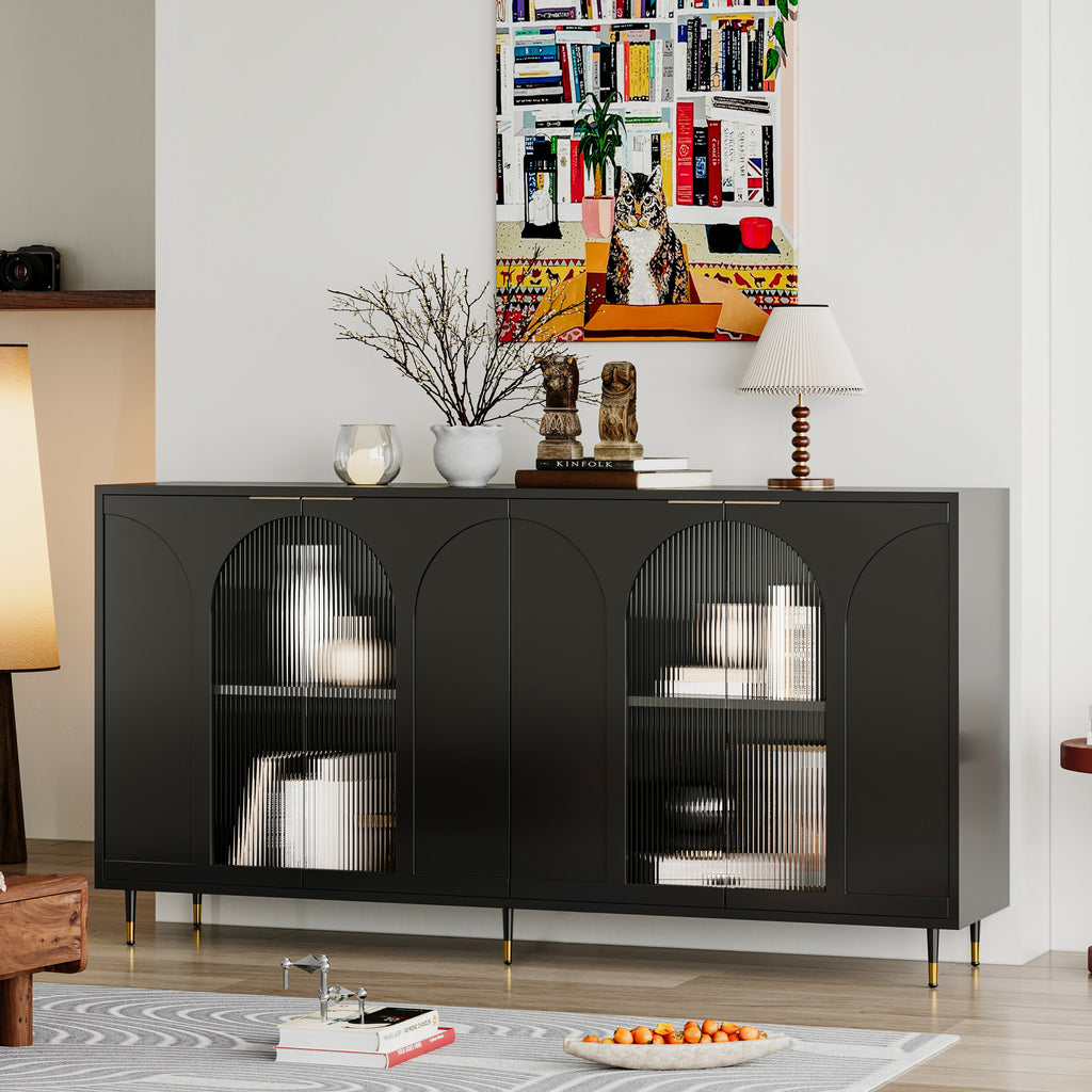 Black 4-door glass sideboard with metal legs — front view