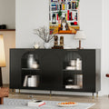 Black 4-door glass sideboard with metal legs — front view