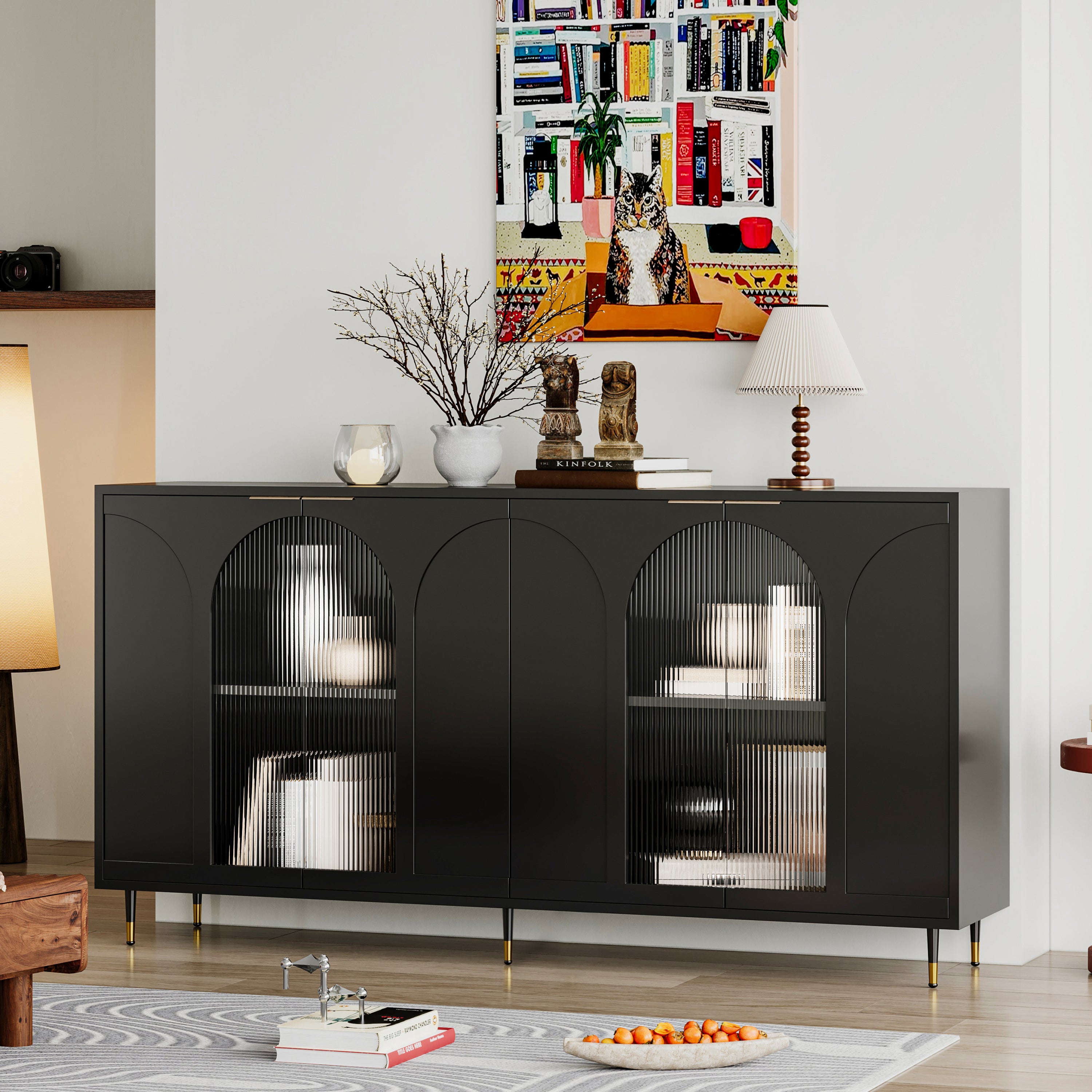 Black 4-door glass sideboard with metal legs — front view