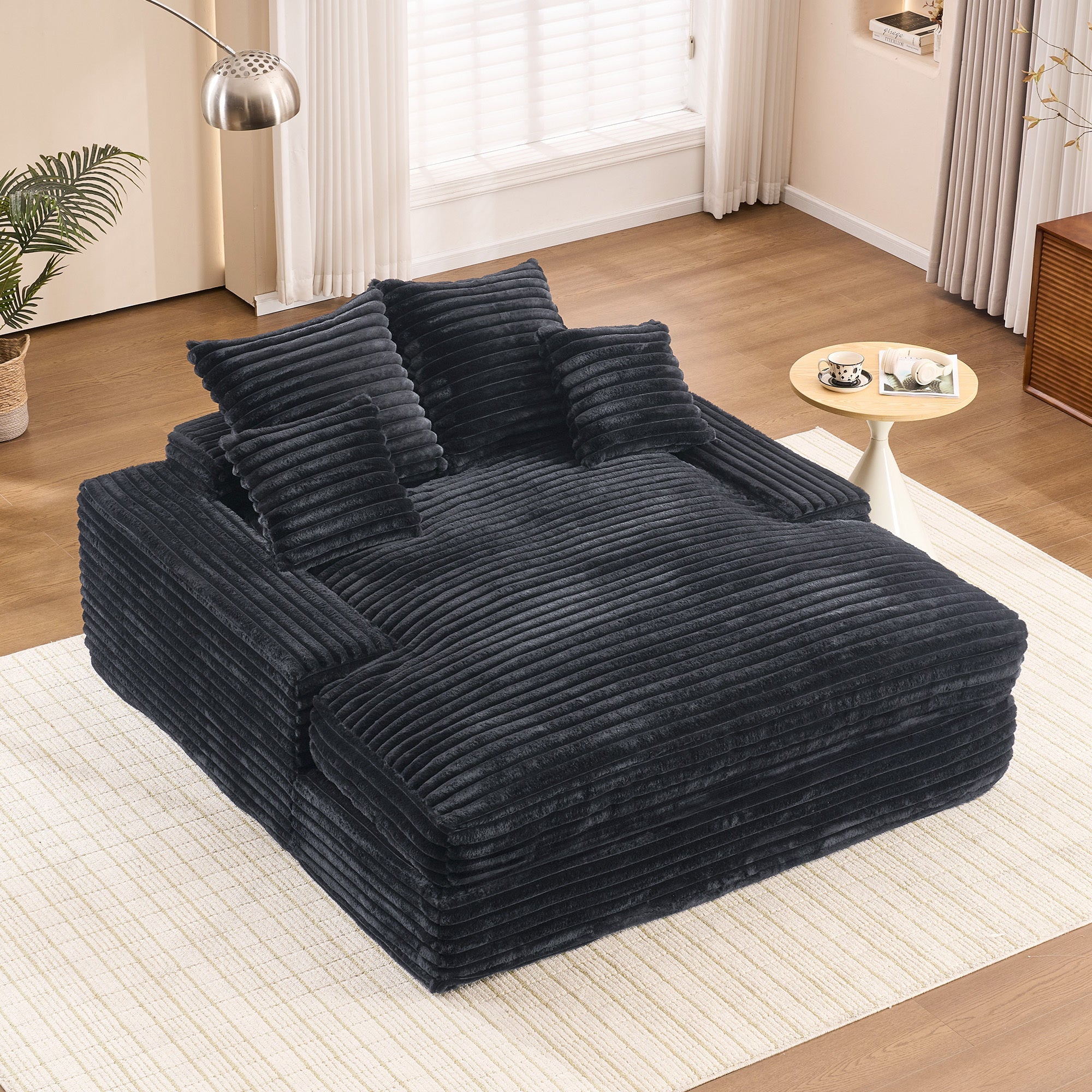 028DR-Oversized chaise Lounge chair, Upholstered Sleeper Sofa Bed with 4 Throw Pillows and Armrests, Corduroy Fabric Plush Lounge Chair Bed for Living Room, Apartment & Small Spaces, Black