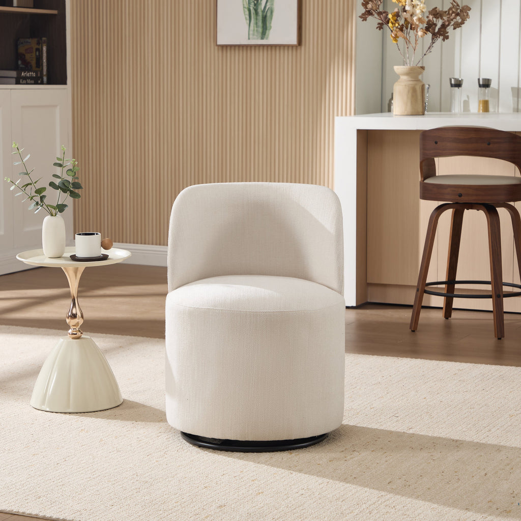 Set Of 1 Upholstered Kitchen & Dining Room Barrel Chair, Mid Century Modern Round Linen Dining Chair, 360 Degree Swivel Comfy Armless Accent Makeup Vanity Side Chair for Bedroom Living Room