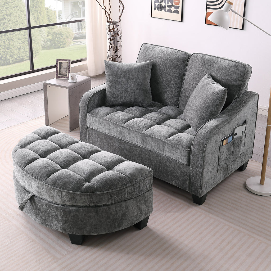 Corduroy 2-Seater Sofa Chaise — Storage Footrest & 2 Pillows, 42.7" Wide