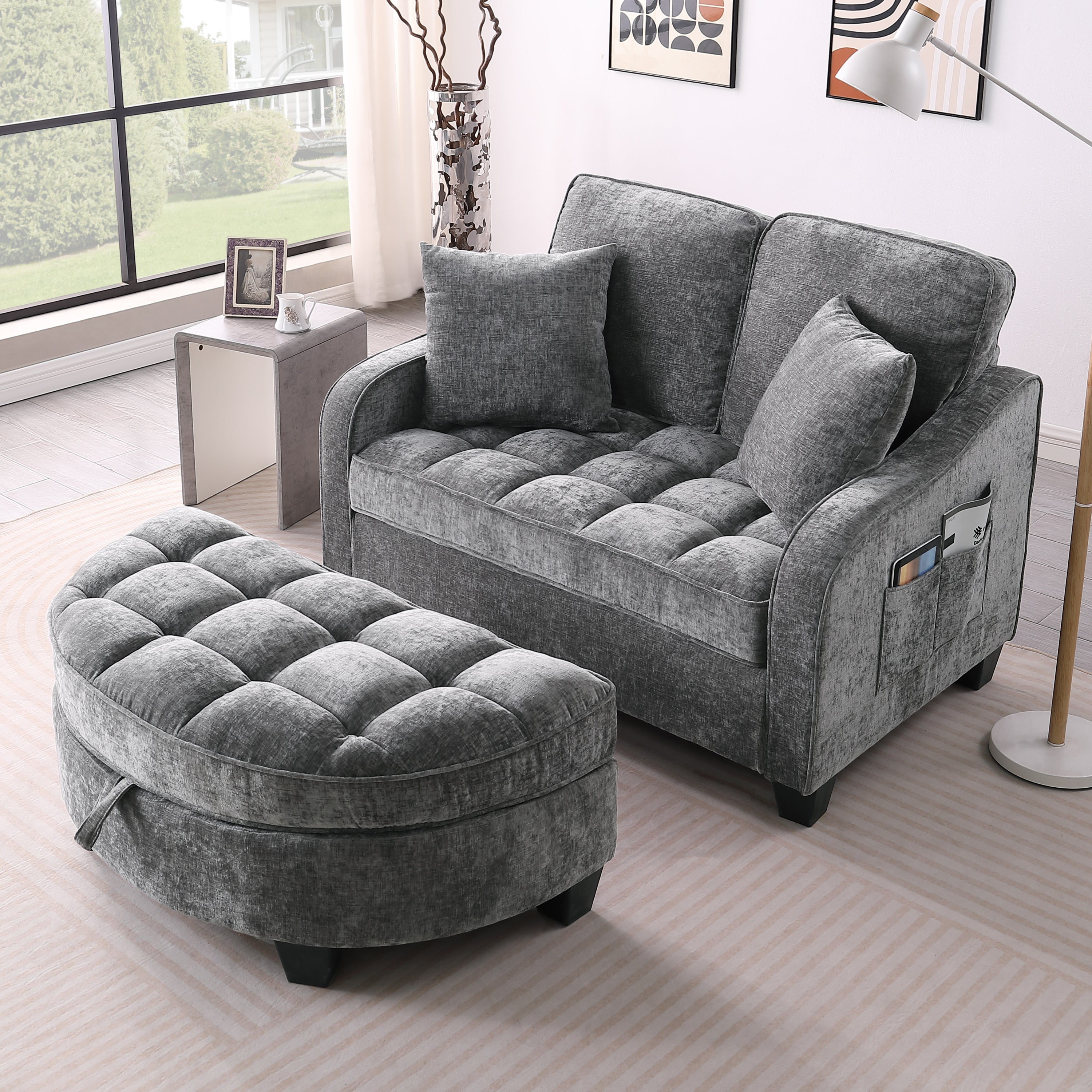 Corduroy 2-Seater Sofa Chaise — Storage Footrest & 2 Pillows, 42.7" Wide