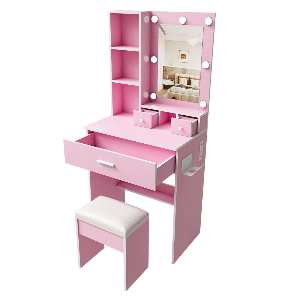 Vanity Table with Mirror, Adjustable LED Lights, Power Outlet, Hairdryer Holder & Stool – Compact Dressing Desk for Small Bedrooms