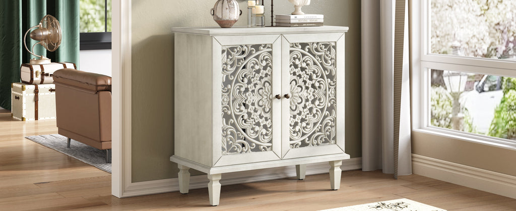 Vintage Hollow-Carved Accent Cabinet, 2-Door Display Storage Sideboard with Symmetrical Floral Design, Adjustable Shelf and Solid Wood Legs for Living Room Entryway(Antique Green)