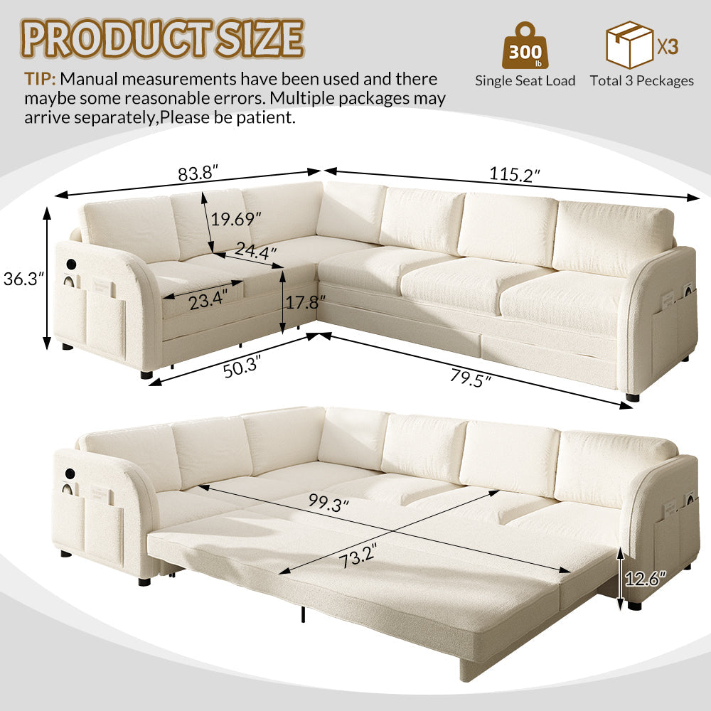 115.2' L-Shaped Sofa Couch with Pull-Out Bed,Oversize Convertible Sleeper Sofa with side Pocket & USB Port,Teddy Upholstered Sectional Couches with Convert Left/Right Facing, Light Grey