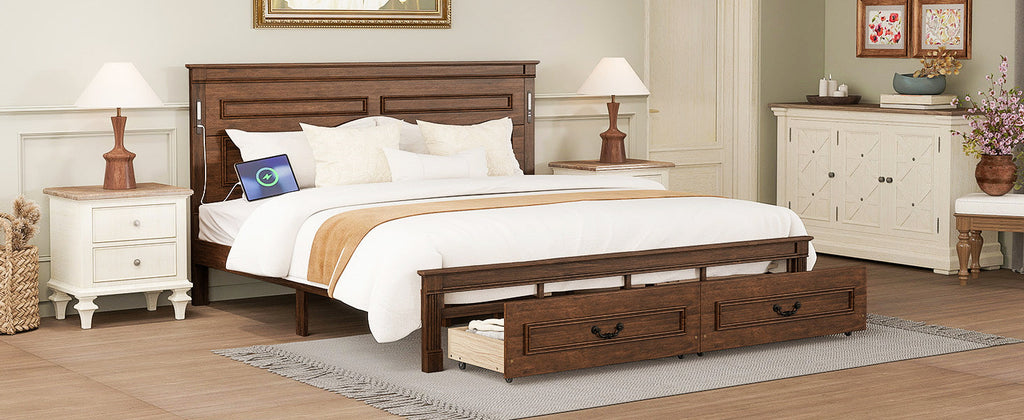 King Size Bed with Tall-Panel Headboard & Footboard, 2 Storage Drawers, Built-in LED Lights, USB Charging Station, Pinewood Bed with Strengthened Bed Frame ,White