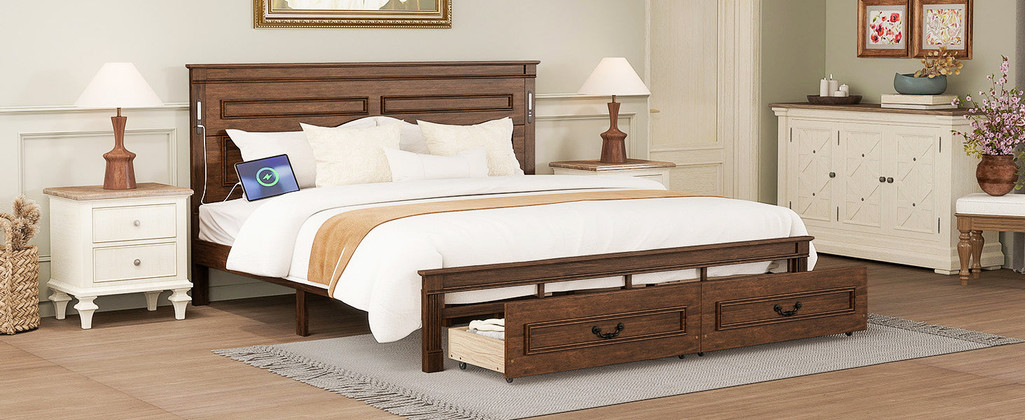 King Size Bed with Tall-Panel Headboard & Footboard, 2 Storage Drawers, Built-in LED Lights, USB Charging Station, Pinewood Bed with Strengthened Bed Frame ,White