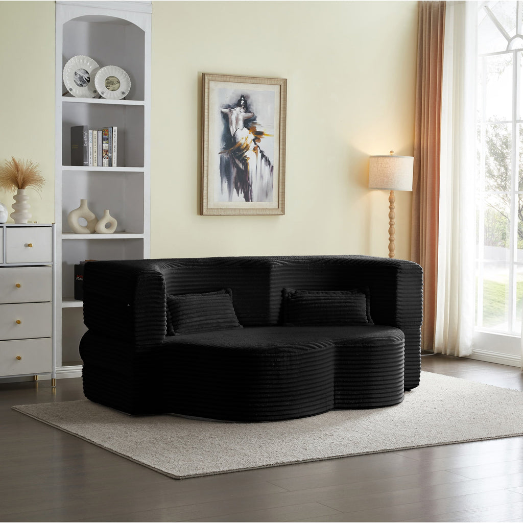 Modern Floor Sofa with 2 Pillows, Convertible Plush Corduroy Foam-Filled Sleeper Sofa Bed,15 ' Full Size Folding Mattress for Living Room, Guest Bed, no assembly required, Light Grey